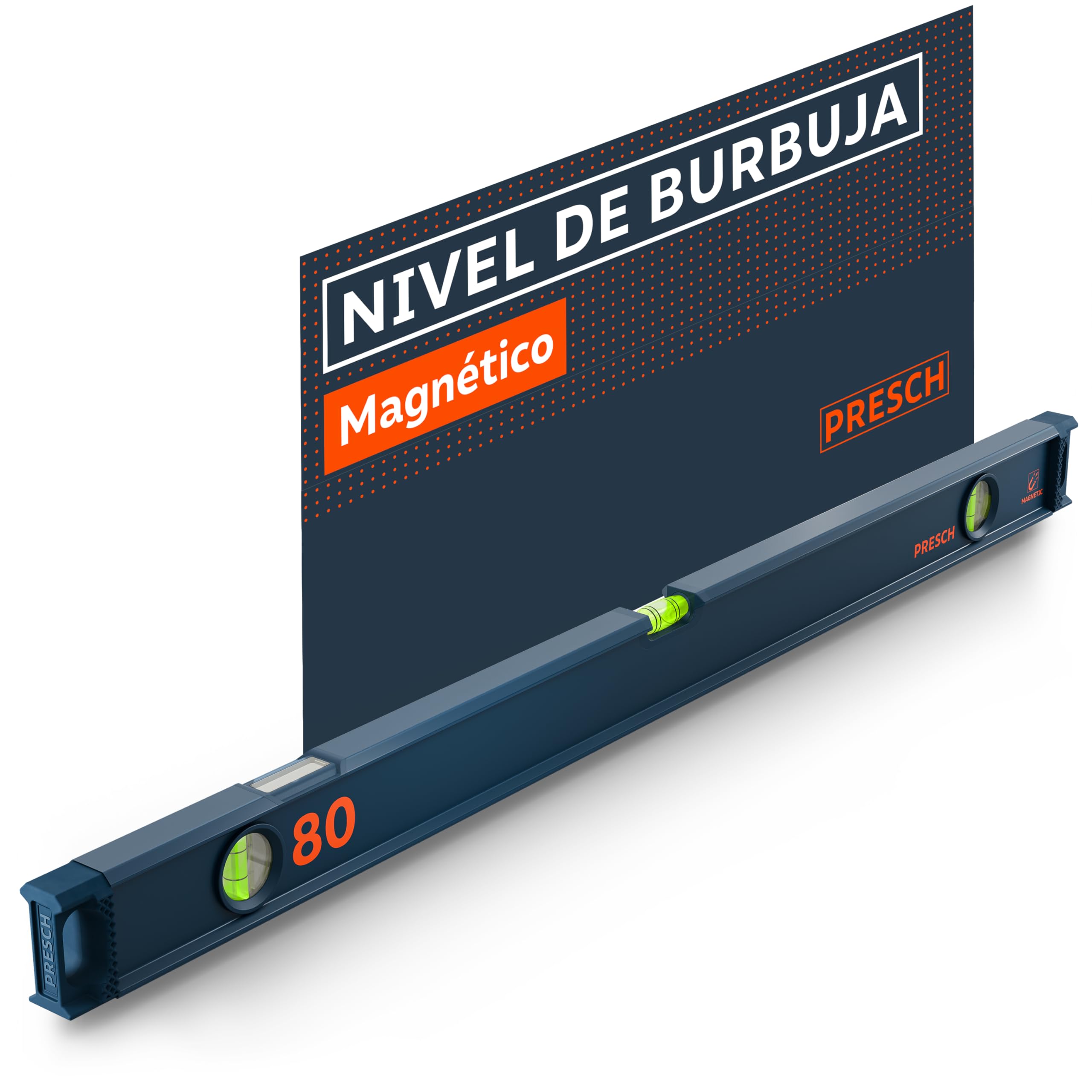 Presch Magnetic Bubble Level 80 cm - Unbreakable ampoule with slope 2% - Vertical reading window - Innovative non-slip plugs - Precise measuring surface
