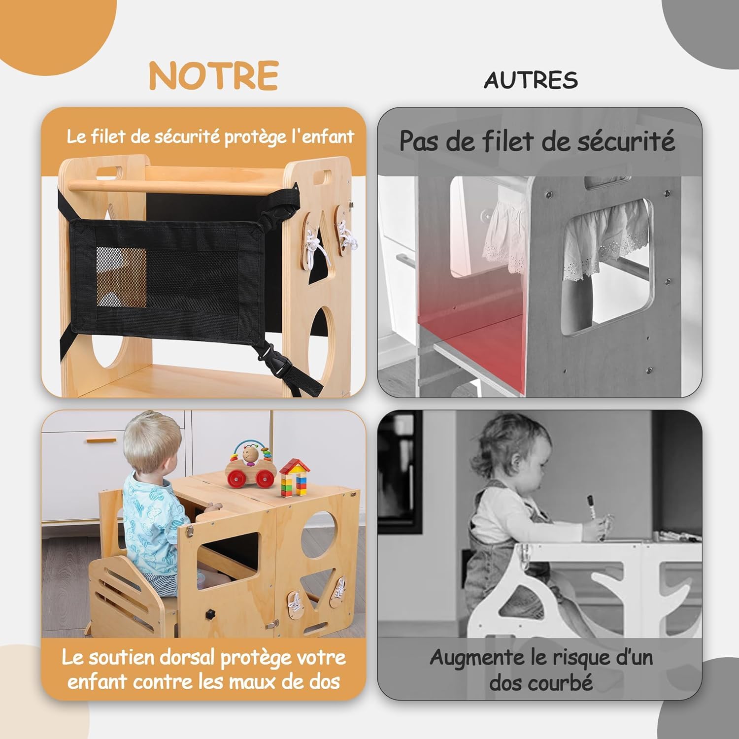Olvy Kids 3-en-1 Tour d'apprentissage Montessori – Tabouret en Bois Pliable – Marchepied Enfant 3 Marches – Escabeau dès 1 an