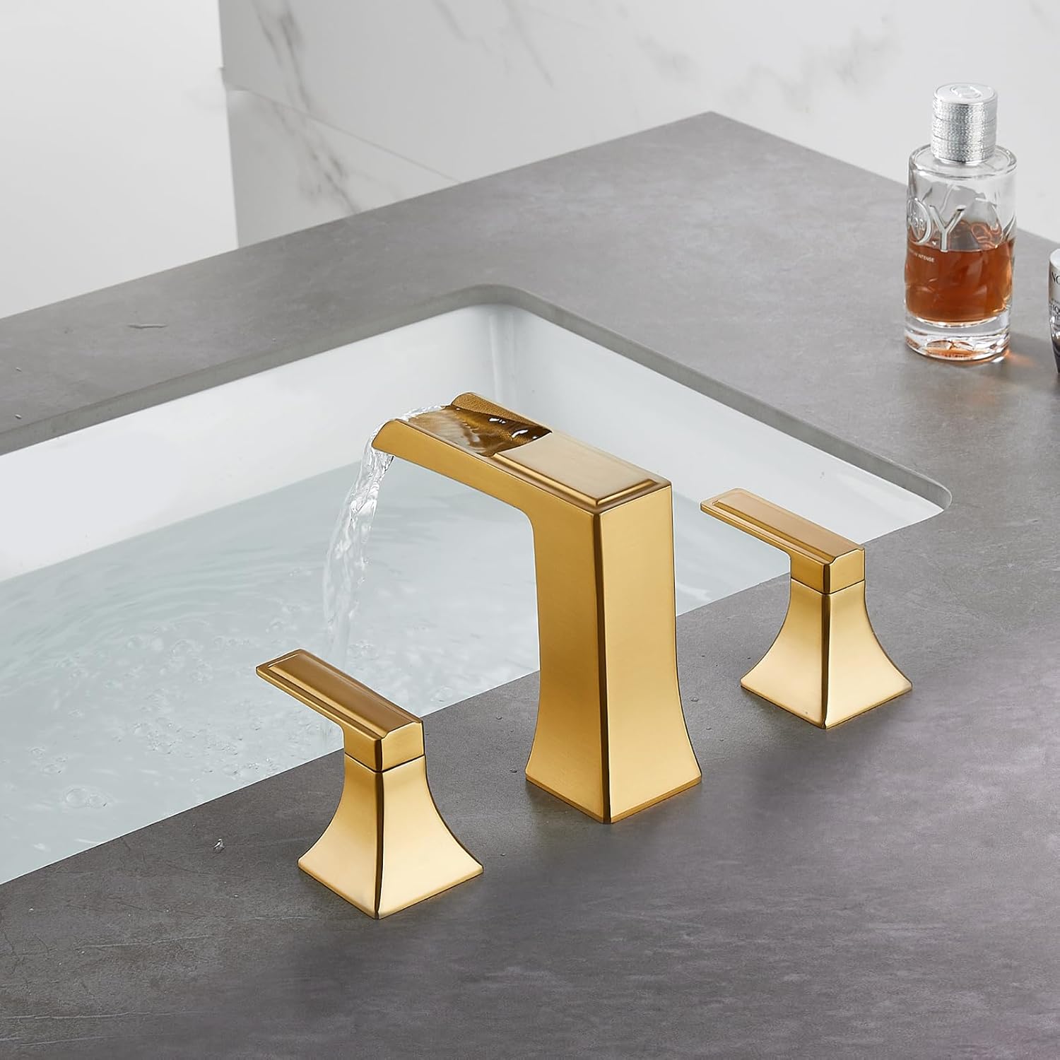 Brushed Gold Waterfall Bathroom Faucet, Sanliv 2-Handle Widespread Bathroom Faucet for 3-Hole Sinks 4-8 inch, Modern Vanity Faucets with Pop Up Drain, Champagne Bronze