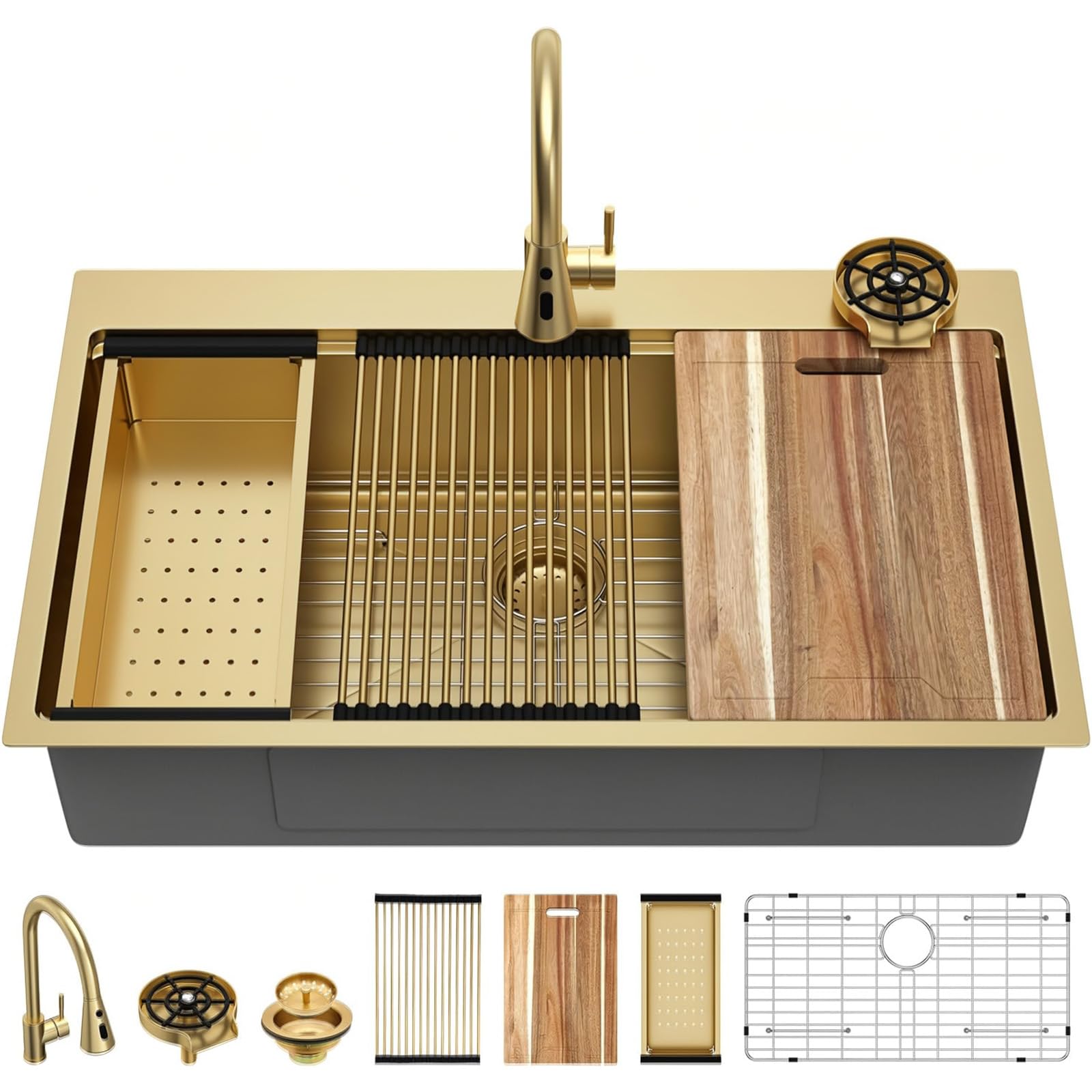 Kichae 36 Inch Gold Drop in Kitchen Sink - 36x22 Gold Brushed Stainless Steel 16 Gauge Ledge Workstation Single Bowl Topmount Overmount Handmade Basin with Faucet &amp; Glass Rinser