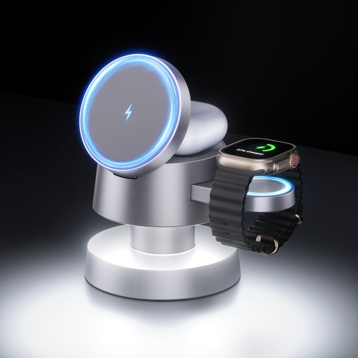 4 in 1 Magnetic Wireless Charging Station,15W Fast Charging with Night Light for MagSafe Charger Stand,3 in 1 Wireless Charger for iPhone 17/16/15/14/13Pro Max,Apple Watch&AirPods,Titanium Gray