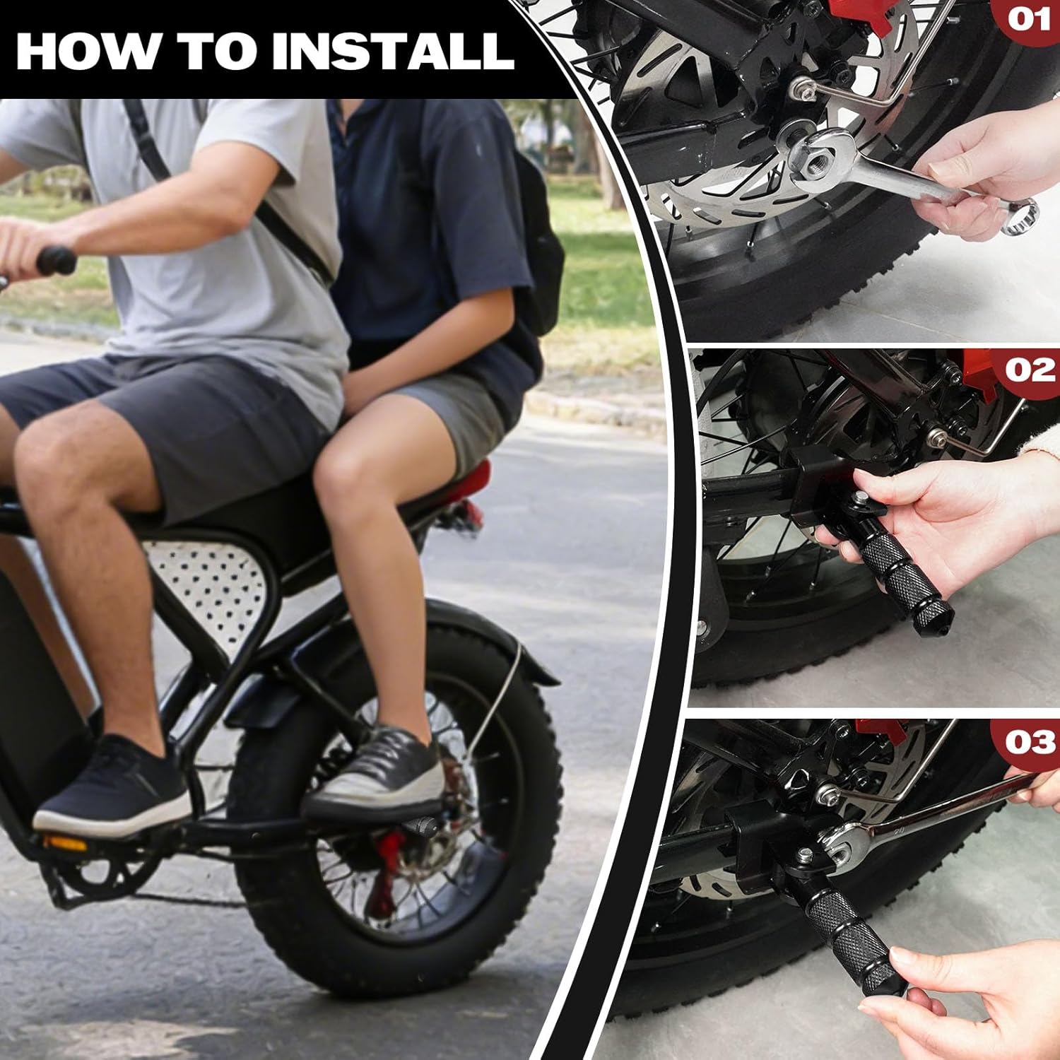 Upgraded Passenger Foot Pegs for Ridstar Q20, Bicycle Bike Pegs, 90 Degree Foldable M8 Bolts Aluminum Alloy Footpegs Foot Rest Pedals for Ridstar Q20, Rearsets Foot Rest(Black Non-foldable)