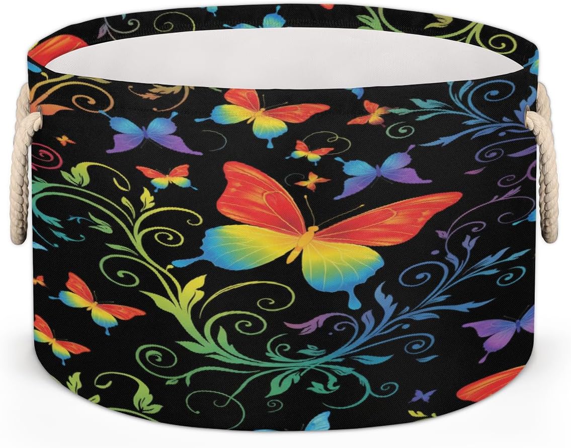 Large Storage Baskets - Rainbow Butterfly Nursery Round Collapsible Organizer Bin Box, Laundry Hamper for Kids Toys, Blanket, Bedroom Living Room Home Decor, Gift Basket, 19.4"x13.3"