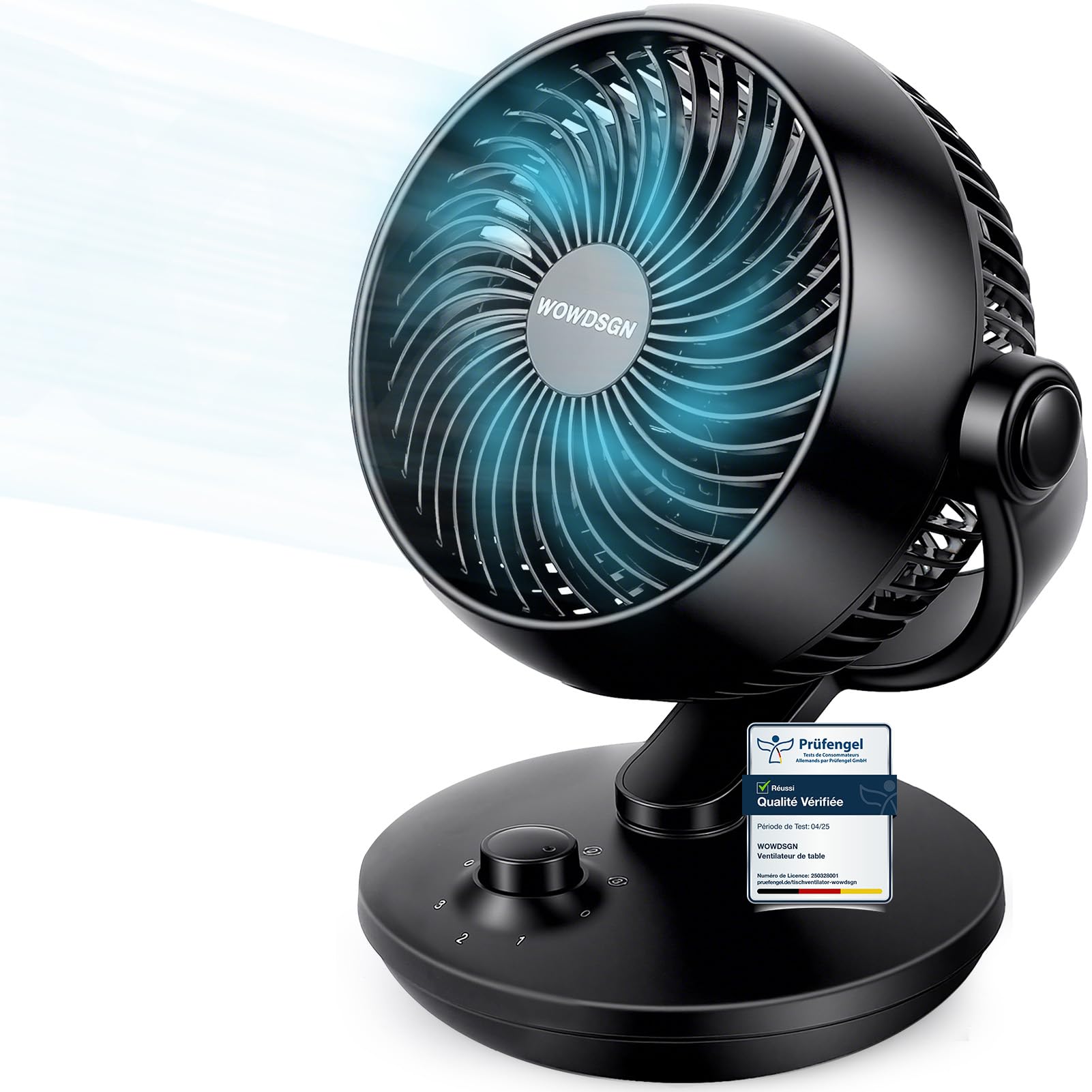 WOWDSGN Ventilateur de Table Silencieux 24dB, Ventilateur Bureau de Circulation d'air Turbo - 80° Oscillation Horizontale - 100° Réglage Vertical - 3 Vitess - Pour Chambre à Coucher/Bureau/Cuisine Certifié ClimatePartner