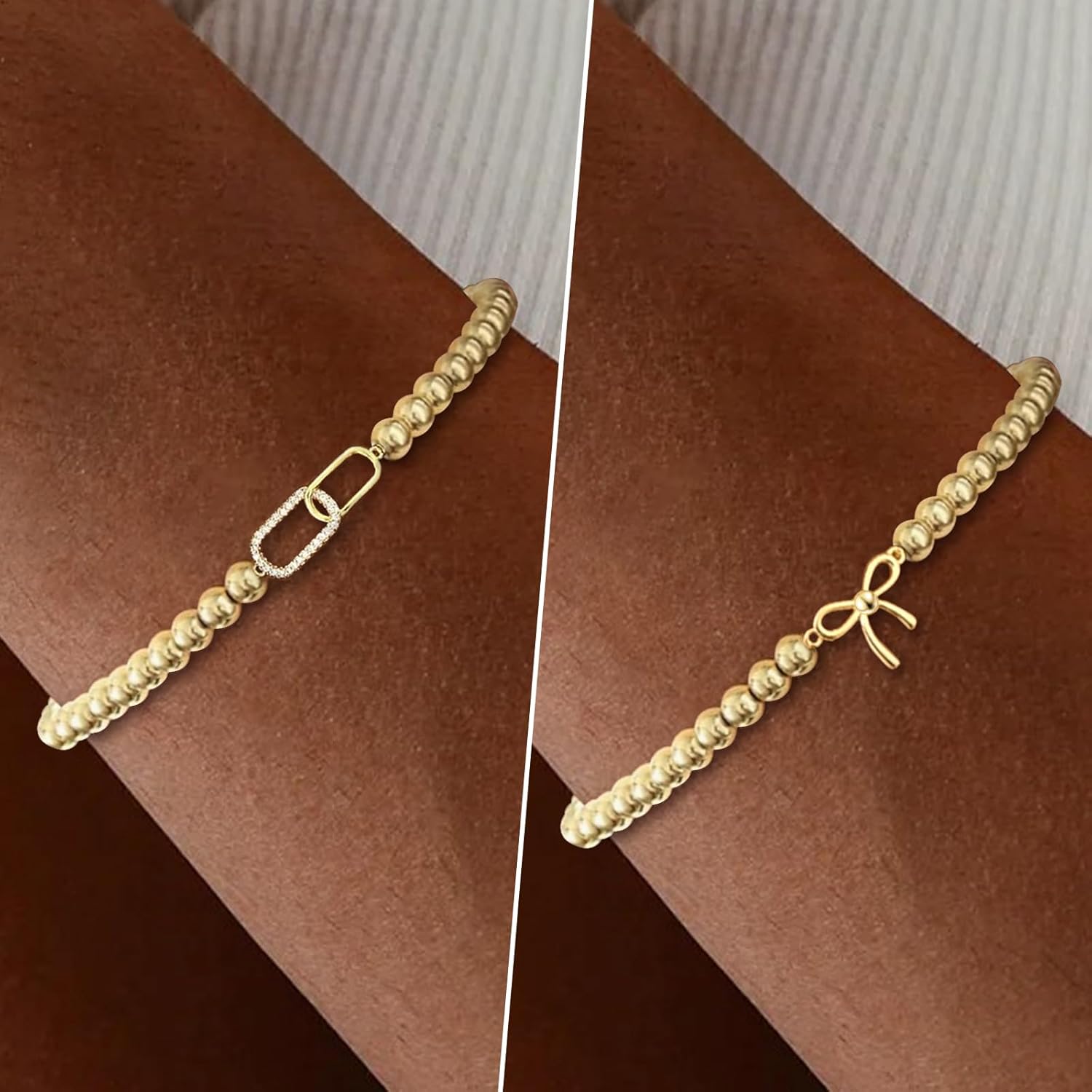 Gold Beaded Bracelets for Women 14K Gold Plated Stretch Ball Bracelet Charm Elastic Bow Cross Bracelet Dainty Stackable Jewelry Christmas Gifts - Image 3