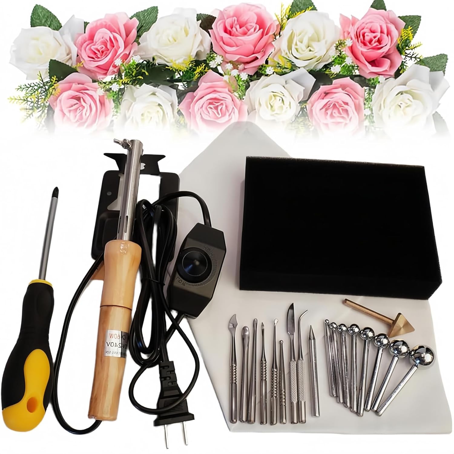 WIKINK Electric Fabric Flower Maker, Artificial Flower Ironing Machine, with 18 Ironing Heads Artificial Flower Ironing Machine, Fake Flower Making Tools Kit
