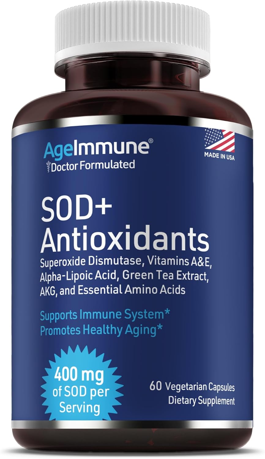 SOD Antioxidants Complex Healthy Aging Supplement - 400mg of Superoxide Dismutase - Alpha Lipoic Acid - L-Arginine -Lysine - AKG - Vitamin A - Vitamin E for Immune Support-60 Capsules
