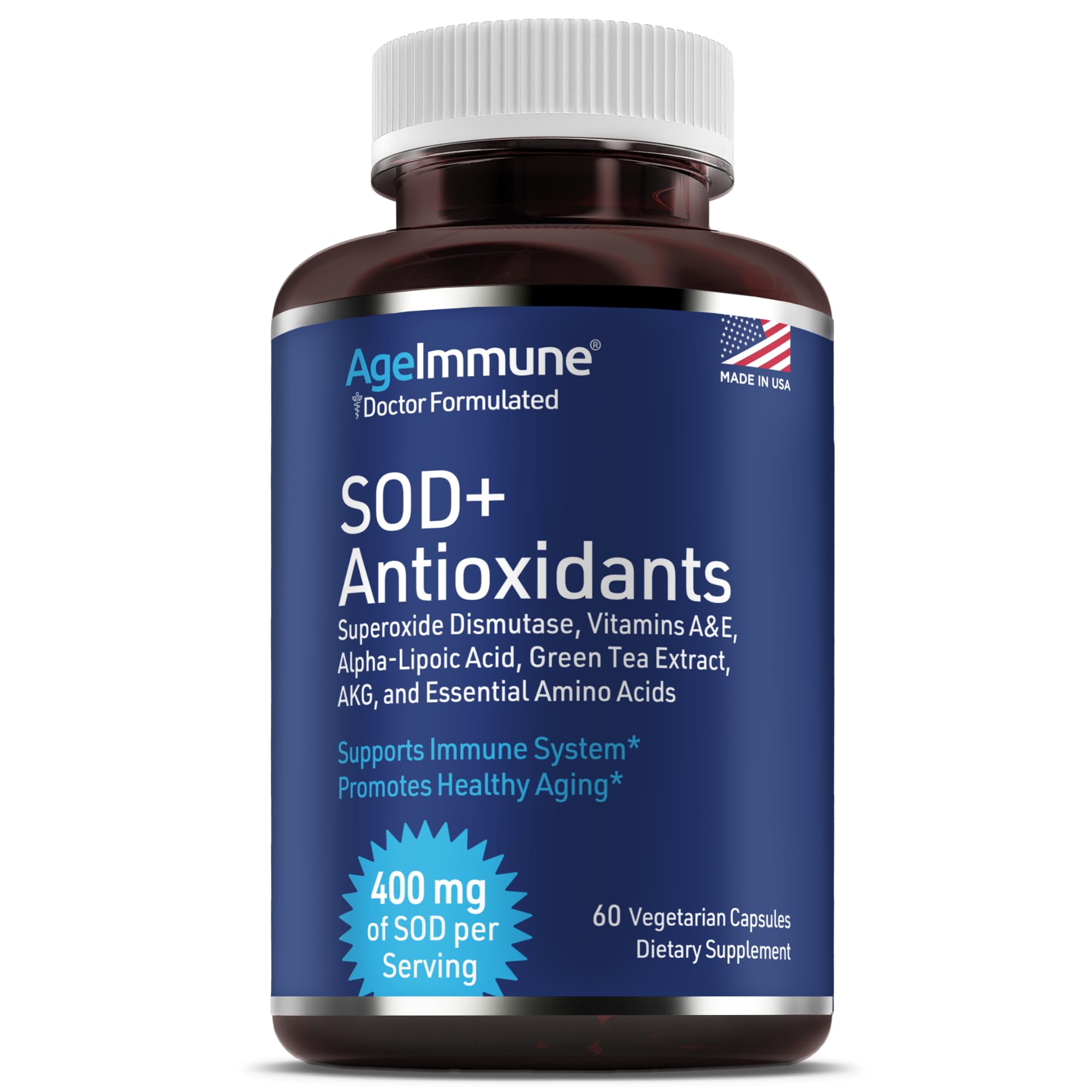 SOD Antioxidants Complex Healthy Aging Supplement - 400mg of Superoxide Dismutase - Alpha Lipoic Acid - L-Arginine -Lysine - AKG - Vitamin A - Vitamin E for Immune Support-60 Capsules