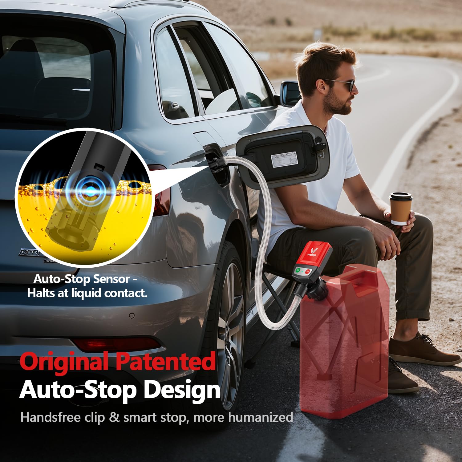 VEECAP Automatic Electric Fuel Transfer Pump with Auto-Stop, 3.8GPM & 51" Hose & 4 Size Adapters Gas Can Pump with Leak Protection for Gasoline, Diesel, Kerosene, Gifts for Men Dad Him - 2nd Gen Black