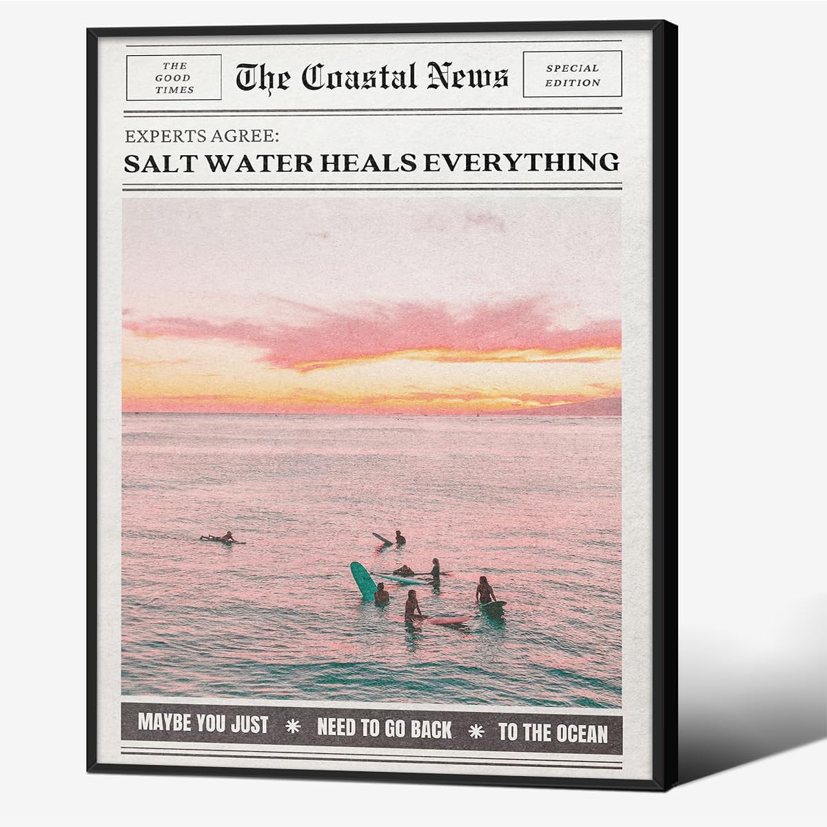 Pink Beach Newspaper Posters Vintage Fashion Coastal Girl Surf Wall Art 12X16 inch Black Framed Grainy Salt Water Heals Everything Canvas Prints for College Dorm Bedroom Wall Decor