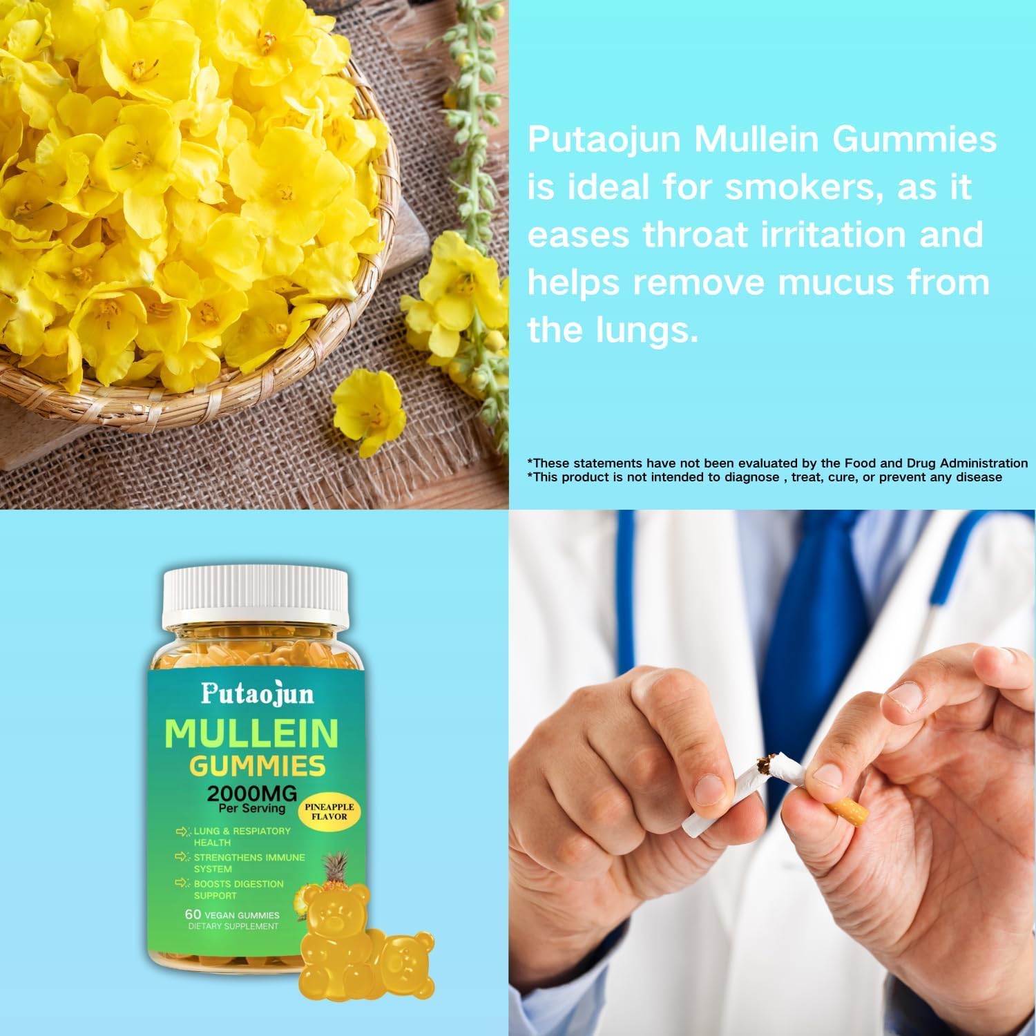 1 Pack 2000MG Mullein Gummies, Sugar Free Mullein Supplements for Respiratory Health, Organic Mullein Leaf Extract with Bromelain, Quercetin - Lung Support, Vegan, 60ct - Image 5