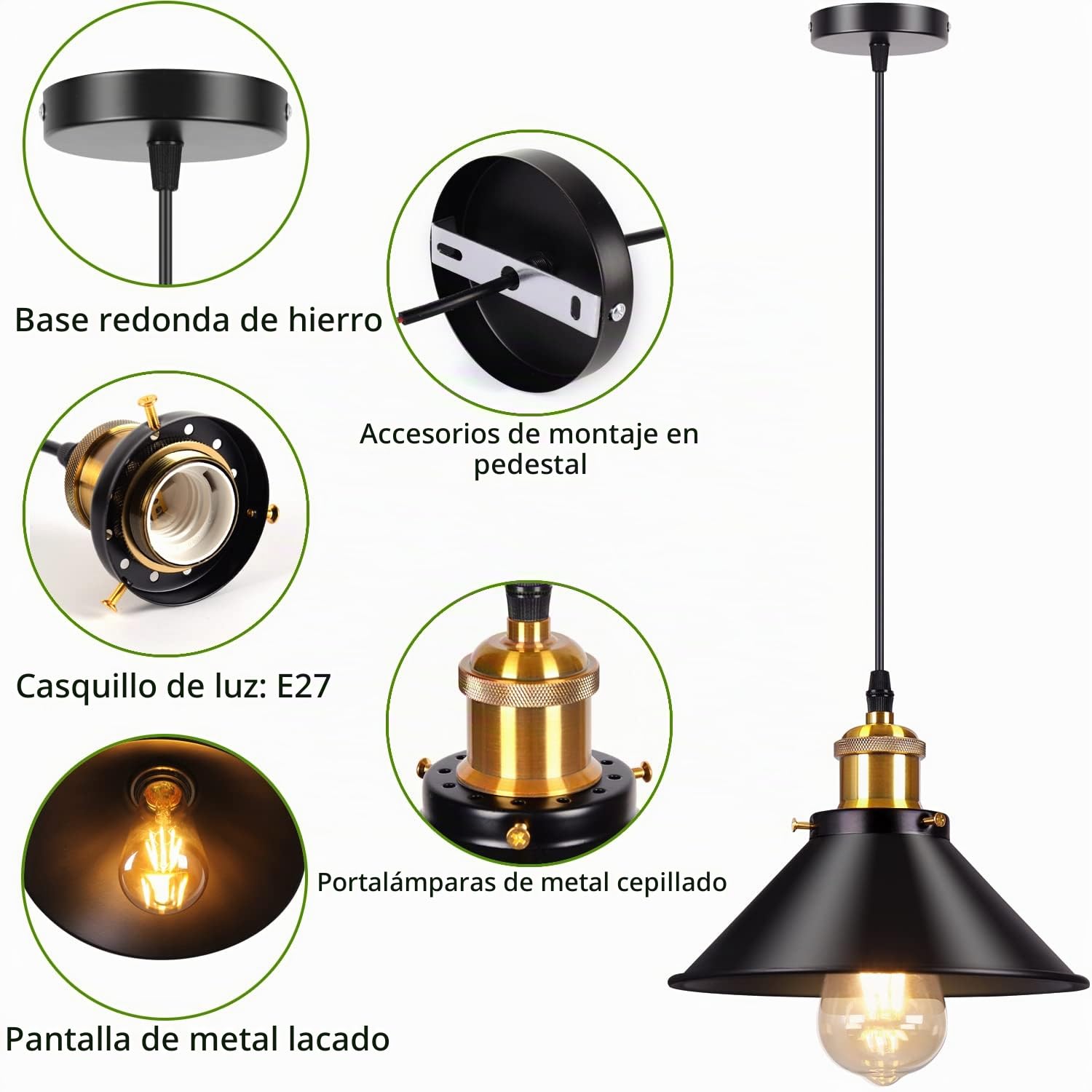 3 Piezas Lámpara Colgante Industrial E27 Base Retro Ø22cm de Metal para Hogar, Cocina, Comedor, Dormitorio, Baño (Negro)