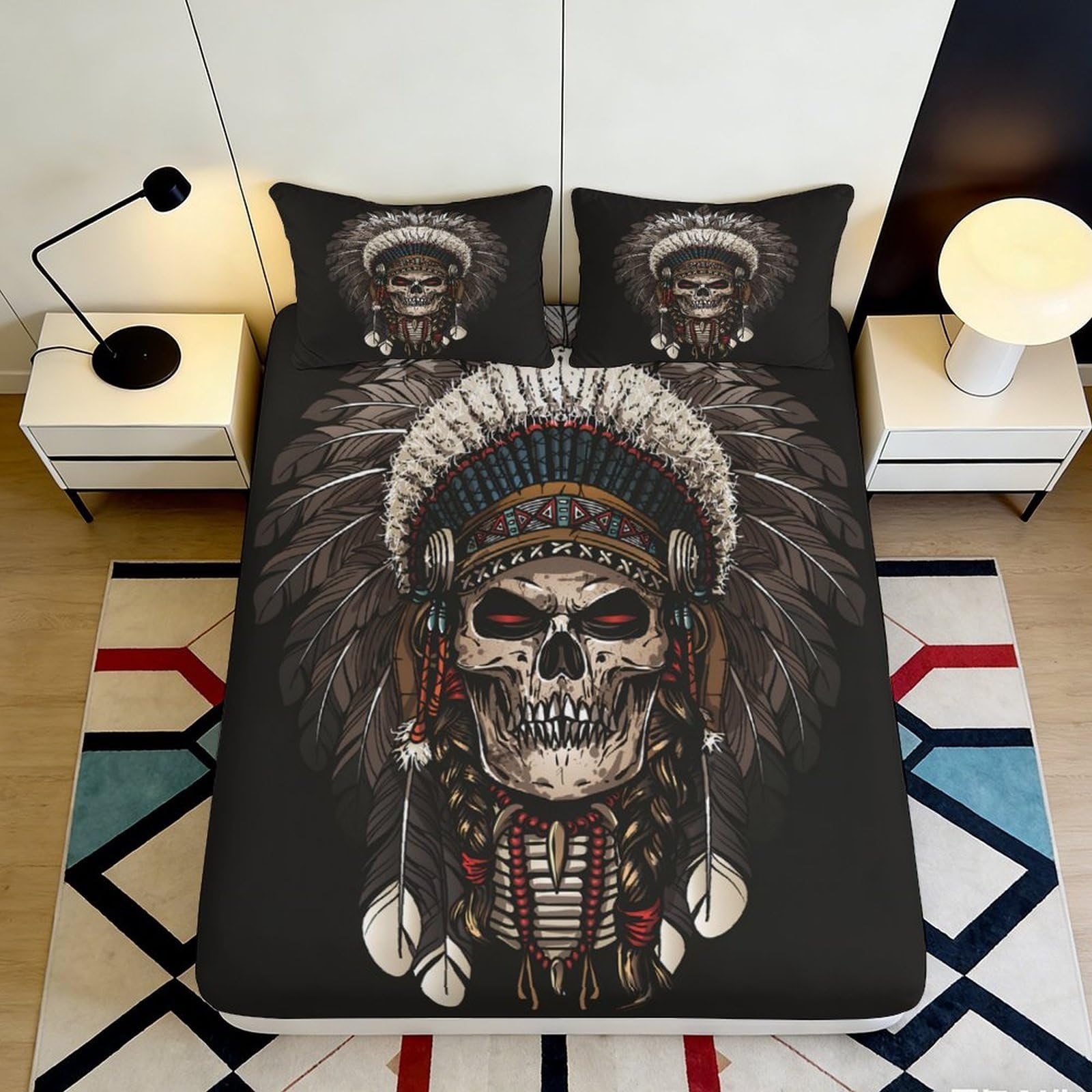 3D Printed Native American Feather Headdress Fitted Sheet Microfiber Anti-Slip Mattress Cover Bedroom Decor 90x200x25cm