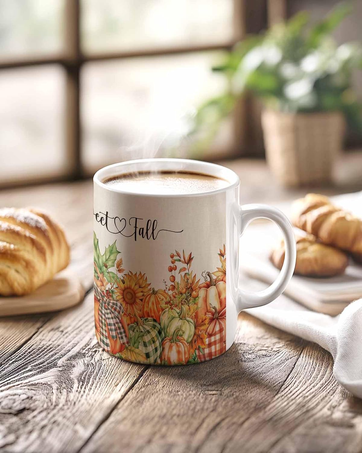 BEMIGO Ceramic Coffee Mug Farmhouse Sunflower Pumpkin Ceramic Mug White Cup, Fall Autumn Harvest Insulated Coffee Cup with Handle with Pattern Perfect for Tea and Hot Beverages, 12oz