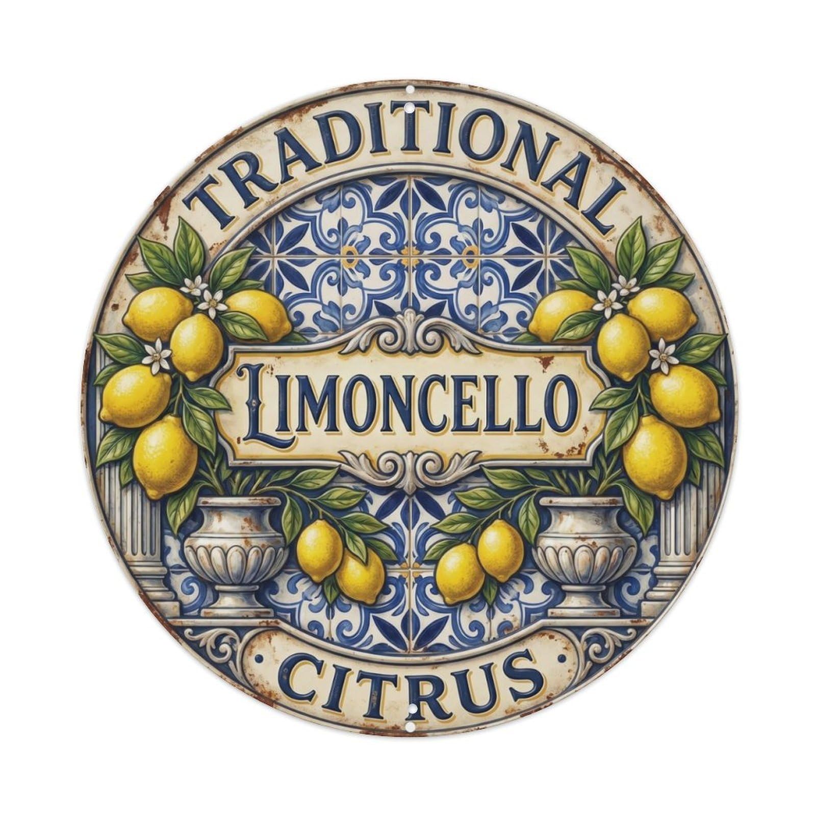 Fqcyn Style Traditional Citrus Limoncello Metal Tin Sign Plaque Wall Decor For Cafe, Club Bar, Office, Home Garden Round Metal Poster 8X8inch