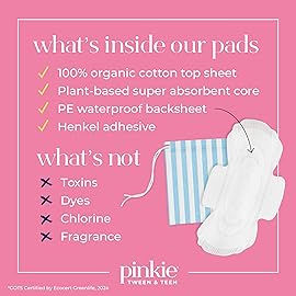 Pinkie Period Starter Pads - Designed for Smaller Underwear - Organic Cotton Topsheet Tween & Teen Pads with Wings - Chlorine Free & Fragrance Free - Teen Regular, 18 Count