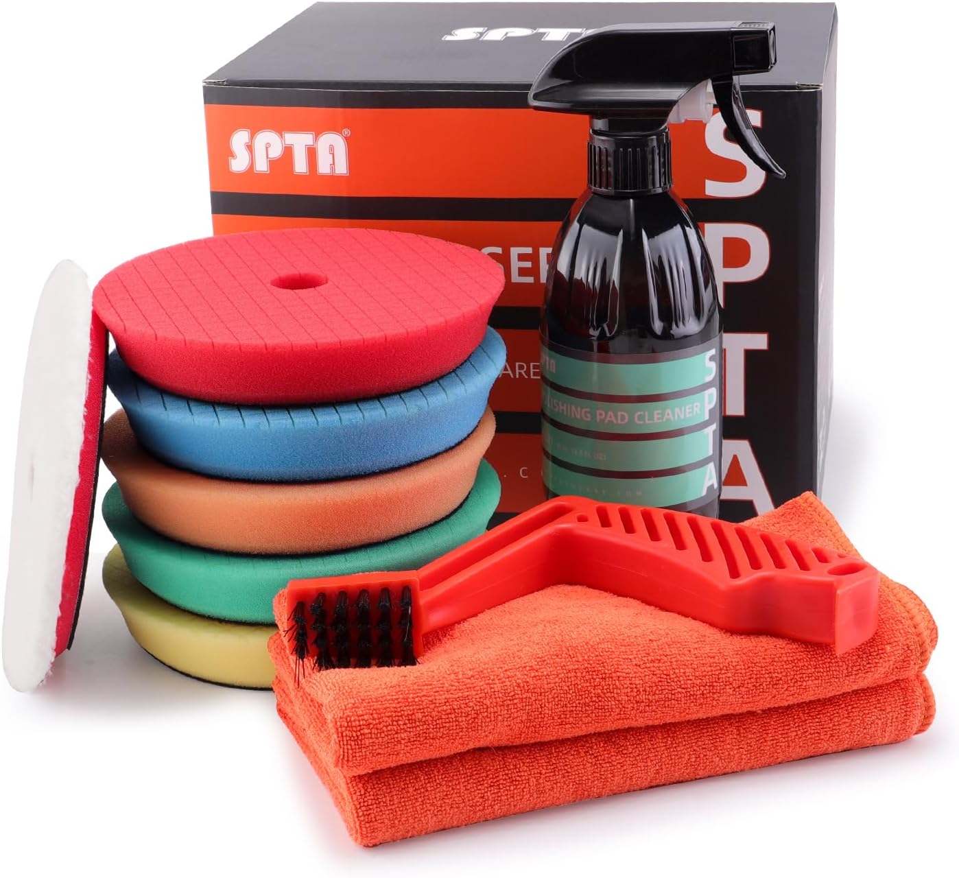 SPTA Polishing Pads, 5Pc 5 Inch 125mm Orbital Buffer Polisher Pads and 1Pc Microfiber Buffing Pads, Foam Polish Pad for Compounding, Polishing and Waxing, for 5''/125mm Backing Plate Car Polisher