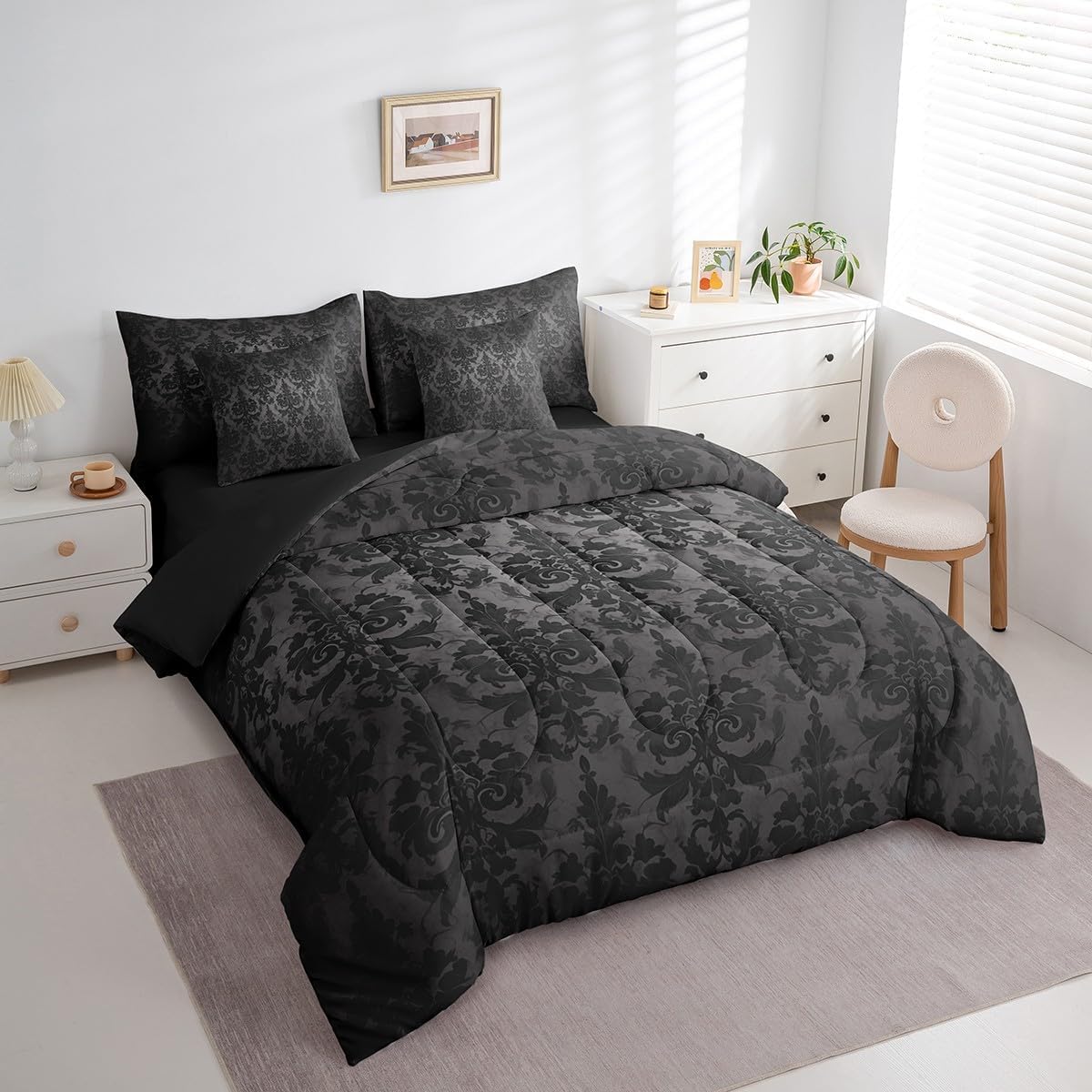 Erosebridal Gothic Bed in a Bag King Size Comforter Set 7 Pieces,Adults Black Damask Bedding Sets,Victorian Sheet Set with Comforter Vintage Baroque Goth Antique Black Floral Bohemian Decor,Grey