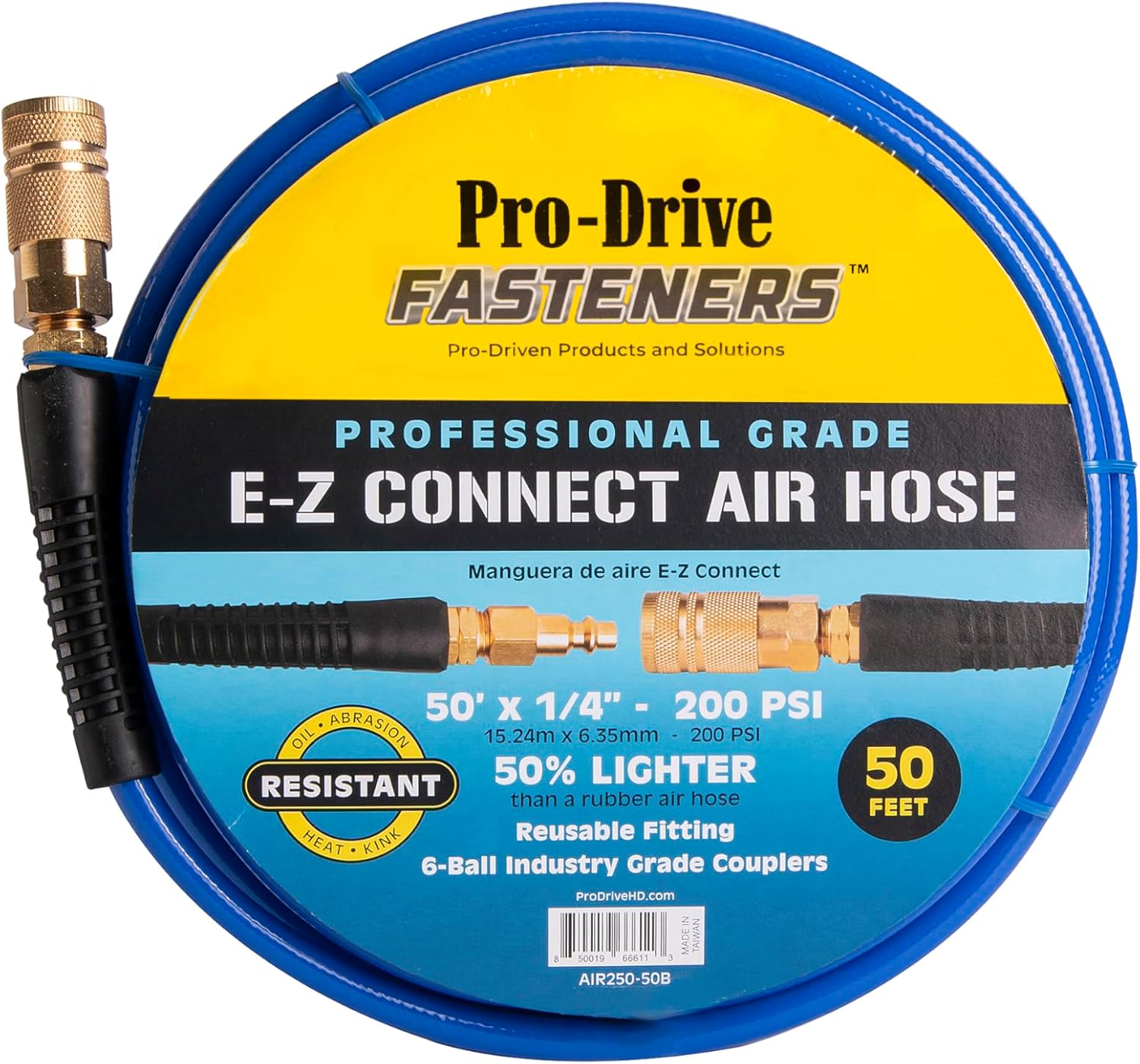 E-Z Connect™ Air Compressor Hose – 1/4 Inch Braided Polyurethane Air Hose – 50 ft – Professional Grade
