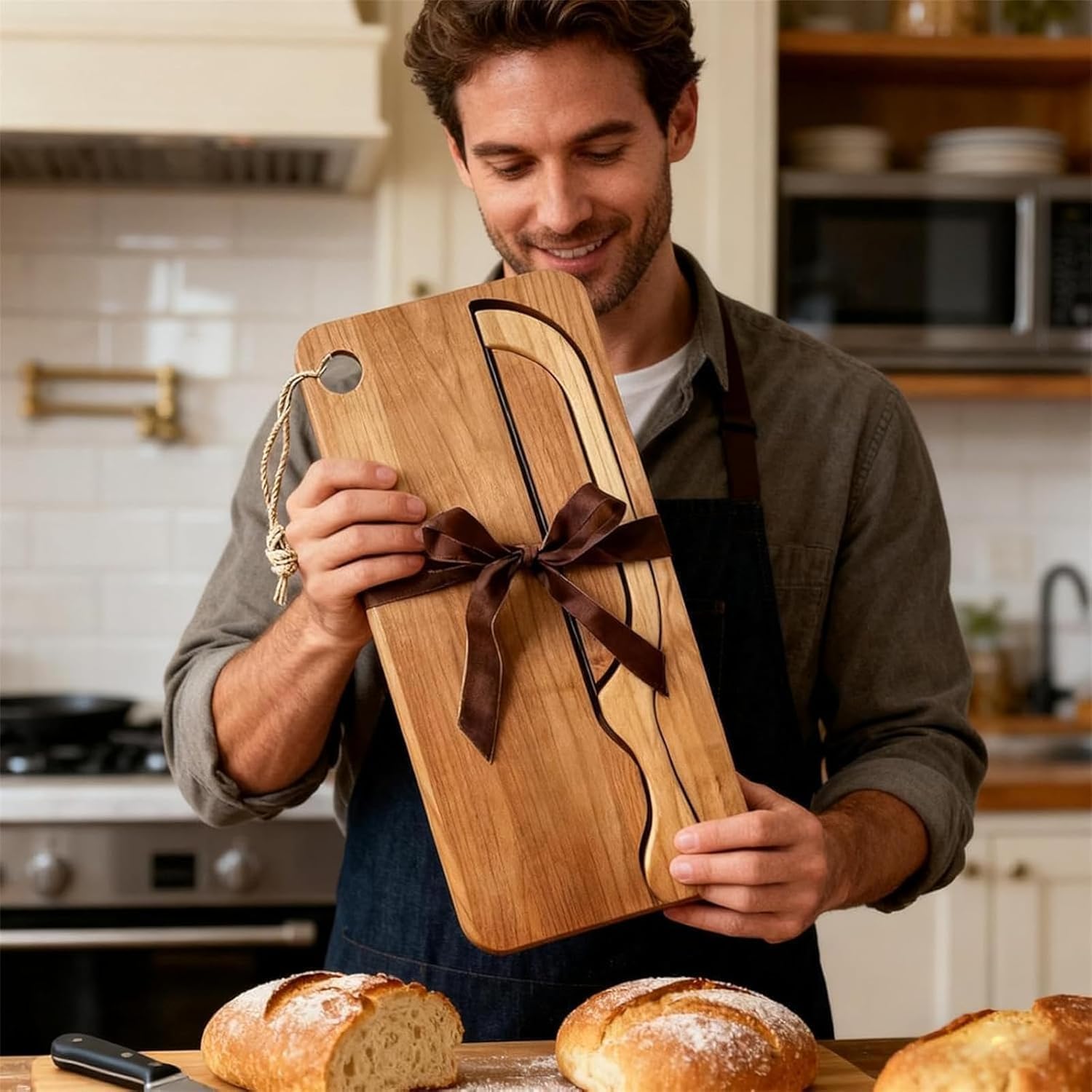 Bread Bow Knife and Board Set, 8 Inch Bread Knife with Matching Crumb Tray, Ergonomic Slicing Kitchen Tool for Homemade Bread, Bagels, Rolls (Wood)