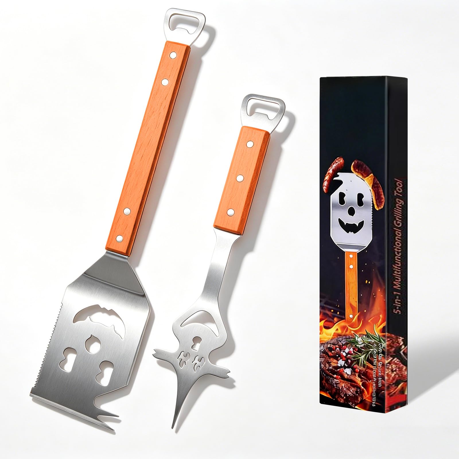 Houbobo BBQ Tools Set, 2 Multifunctional Barbecue Tools, Outdoor Grill Spatula, Stainless Steel, Wooden Handle - Perfect BBQ Gift for Men & Dads, Outdoor Camping & Kitchen Utensil