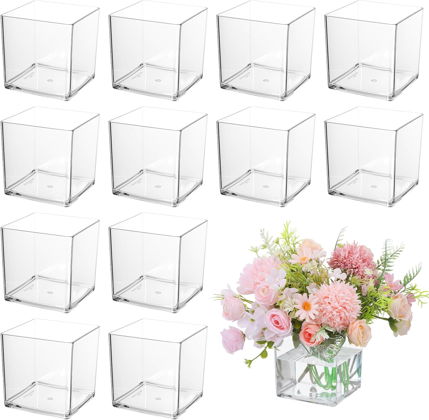 12 Pcs Clear Square Vases Acrylic for Centerpieces-4'' x 4'' Cube Square Flower Vase Bulk, Plastic Vases Container for Flowers Centerpieces Office Home Table Wedding Floral Plant