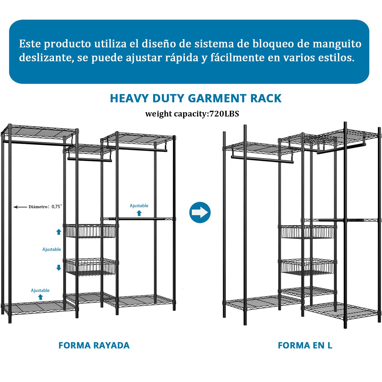 Perchero Metálico de 4 Niveles, Riel para Ropa de Alta Resistencia con Estantes, Carga Máxima 500 lbs, Organizador Grande para Ropa, Negro