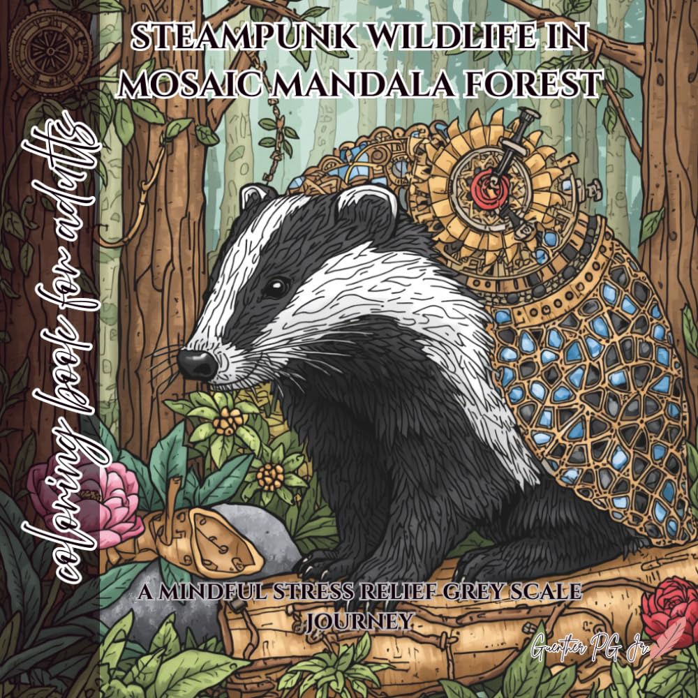 coloring book for adults steampunk wildlife in mosaic mandala forest: a mindful stress relief grey scale journey