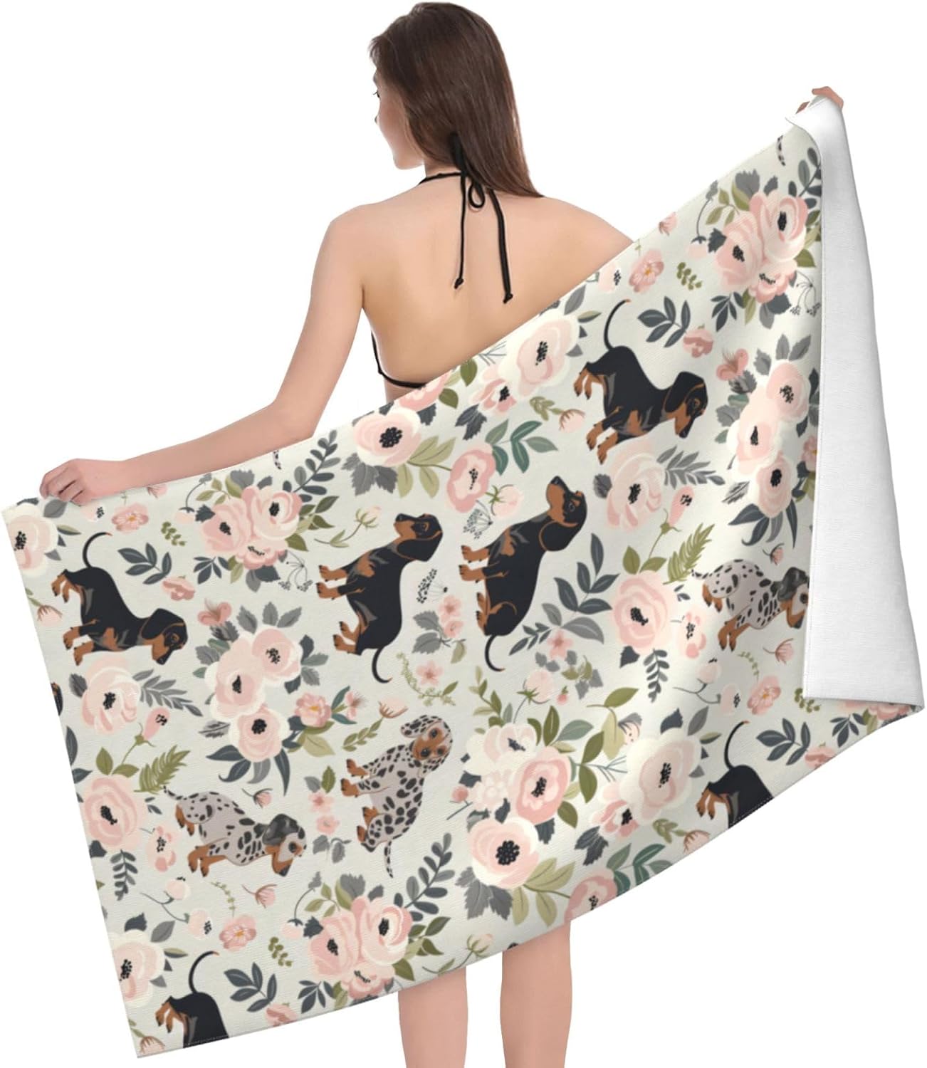 Cute Dog Beach Towel,32x52in,Quick-Dry Sand-Free Puppy Bath Towels,Microfiber Lightweight for Travel Pool Yoga Beach Outdoor Activities Decor Accessories Gifts (Floral Dachshund) - Image 2