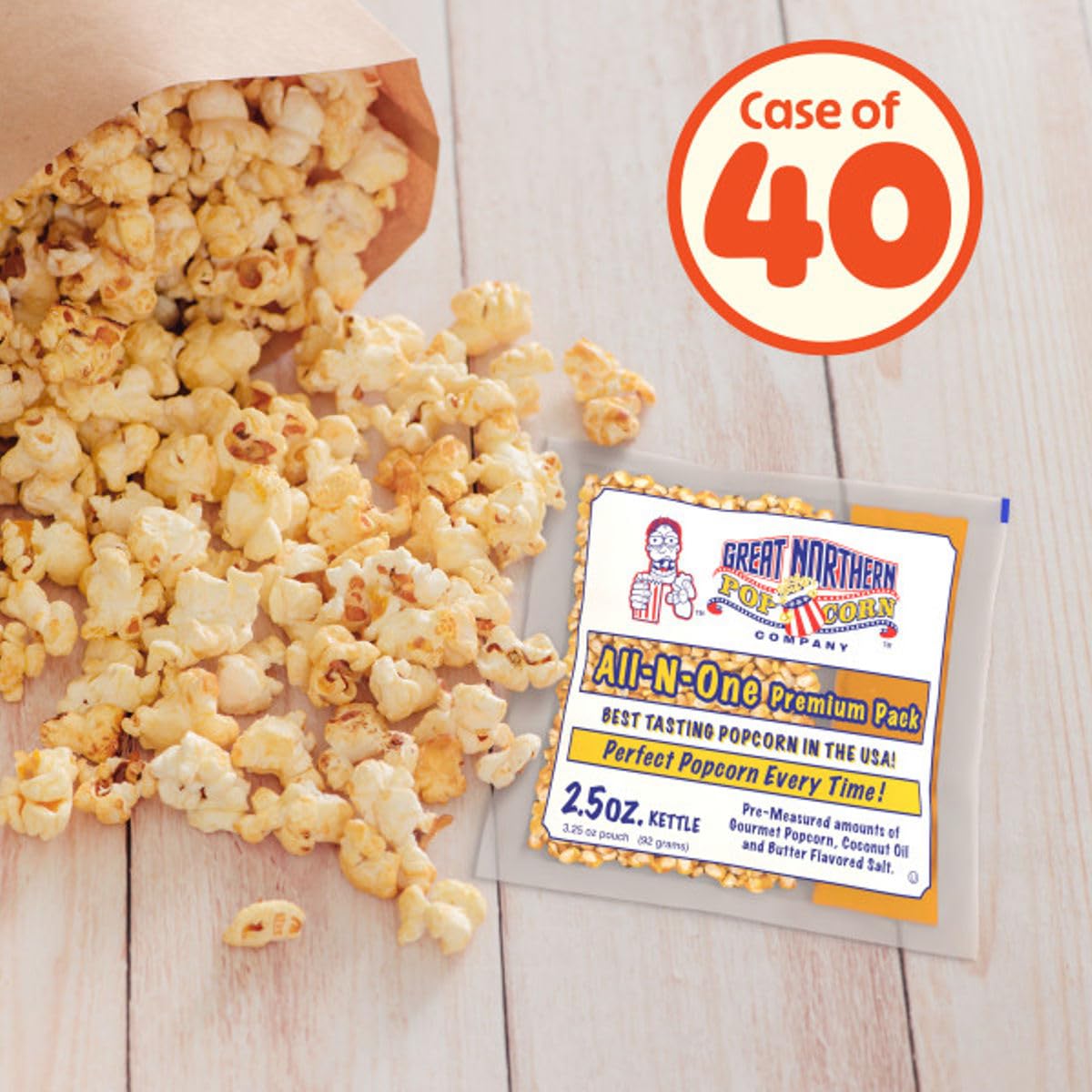 2.5oz Popcorn Machine Popcorn Packets - Pre-Measured, Movie Theater Style, All in One Gourmet Pop Corn Kernels for Popping with Butter Flavored Salt and Oil by Great Northern Popcorn (40 Case)