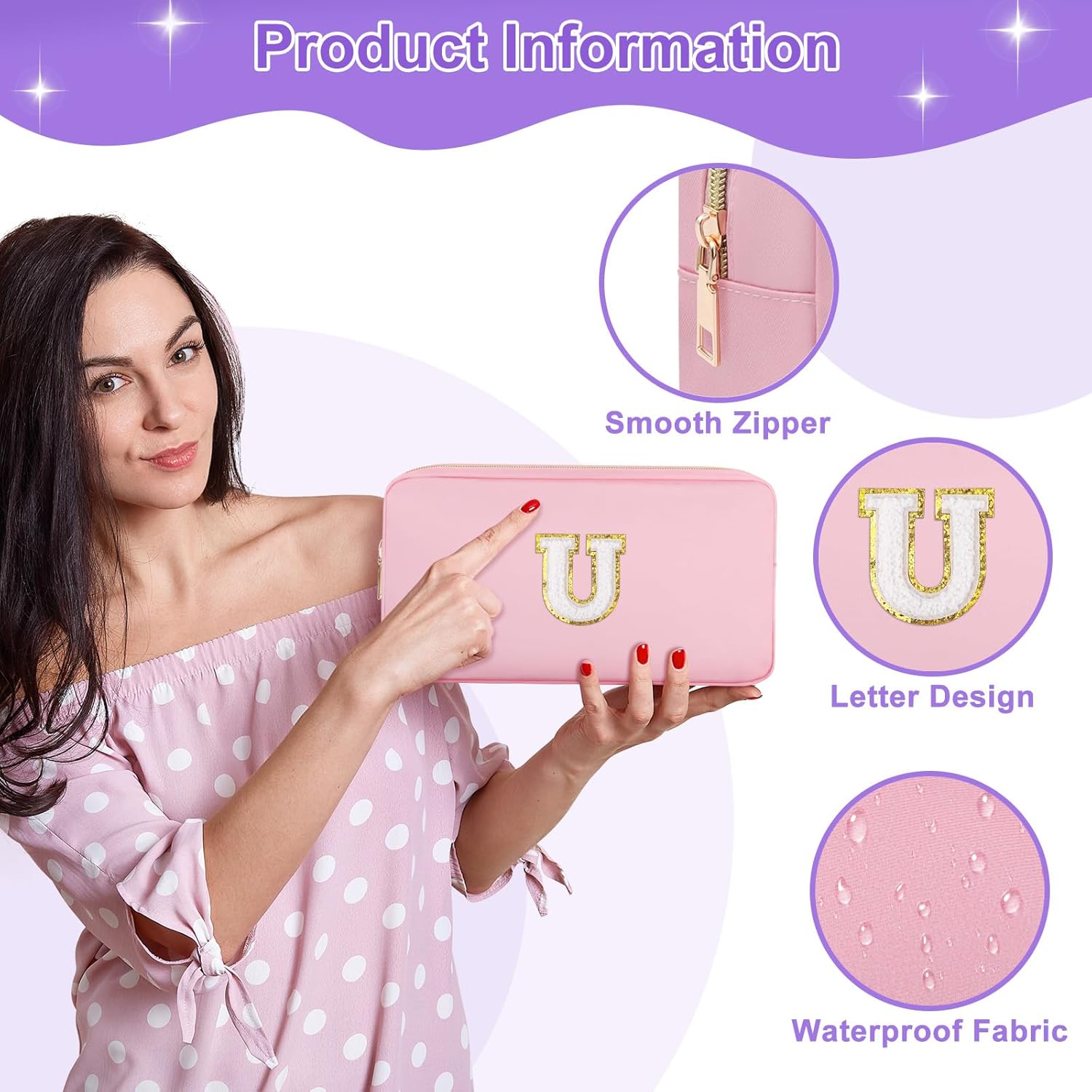 Sazuwu Personalized Initial Letter Patch Makeup Bag Small Travel Pink Cute Cosmetic Pouch Makeup Organizer Toiletry Zipper Pouch Monogram Waterproof Oxford Storage Bag Gift for Women(Letter U) - Image 3