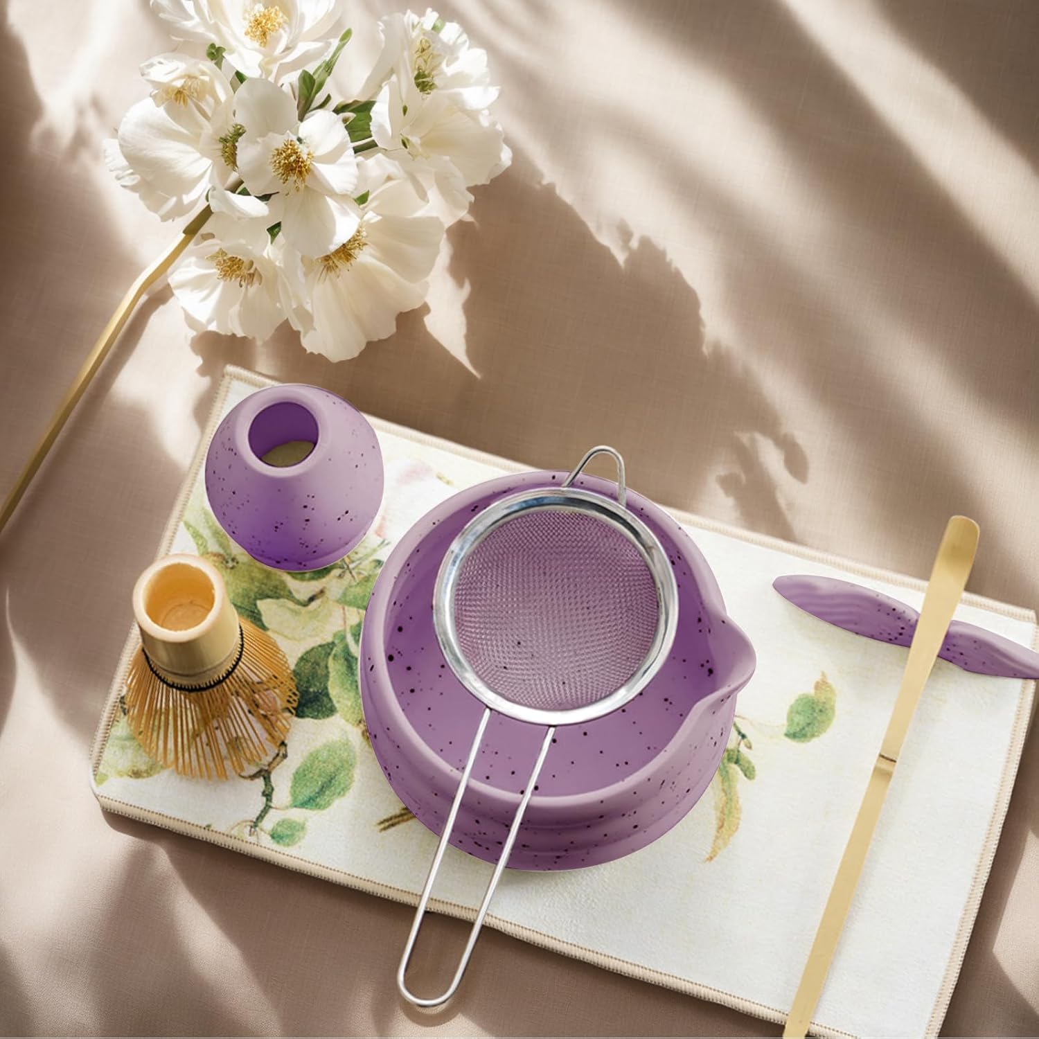 7-Piece Matcha Tea Set Kit with Whisk Chasen,Bowl Chawan,Scoop,Sifter,Holder & Towel-Complete Ceramic Set for Tea Lovers & Enthusiasts