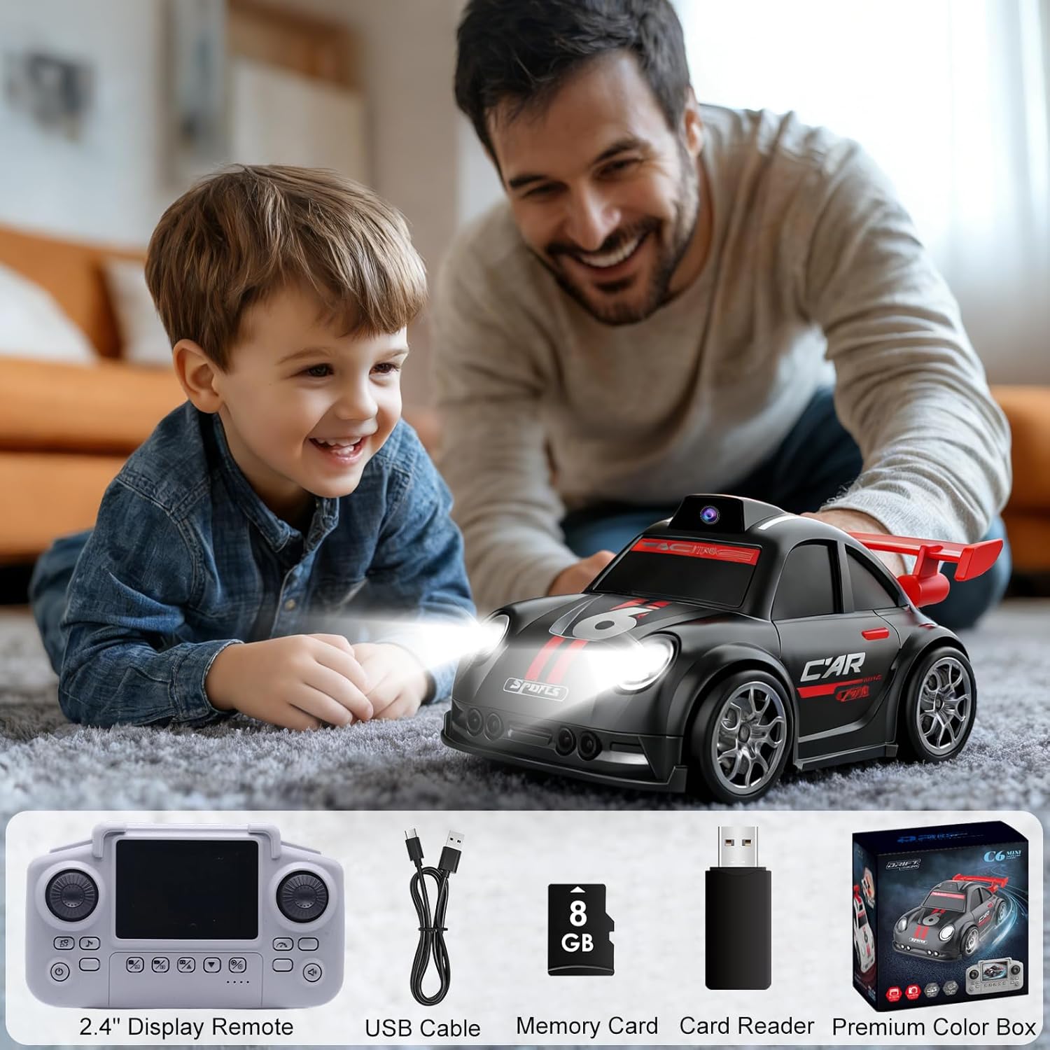 Mini RC Car with Camera, 2.4" Screen FPV Remote Control Car with 8G Card, Rechargeable 360° Drift Kids Small RC Racing Car Dual Control via Remote & App Controlled Vehicles, Follow/Escape/Demo Modes