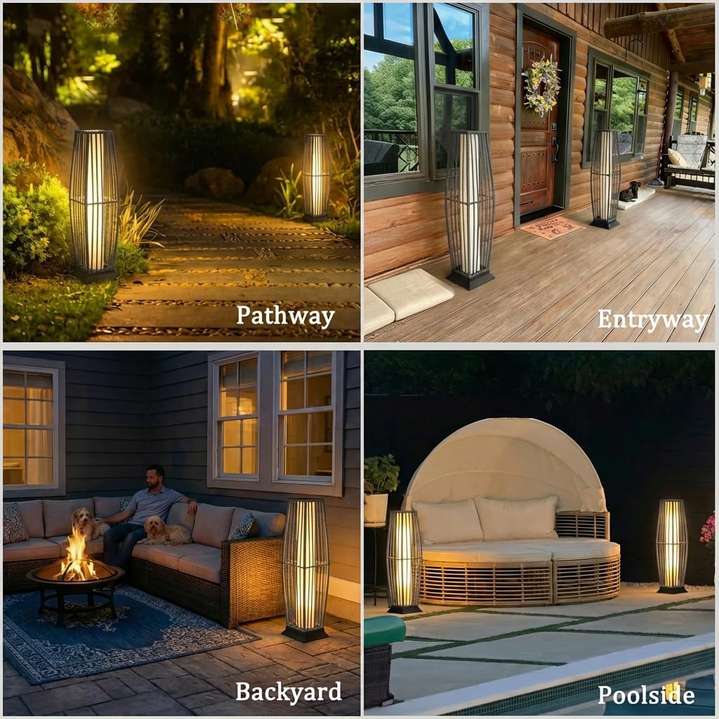 Rattan Outdoor Floor Lamp Set of 2, Boho Solar Porch Lights Outdoor Waterproof for Patio, Garden, Balcony & Deck, Gray (Vertical)