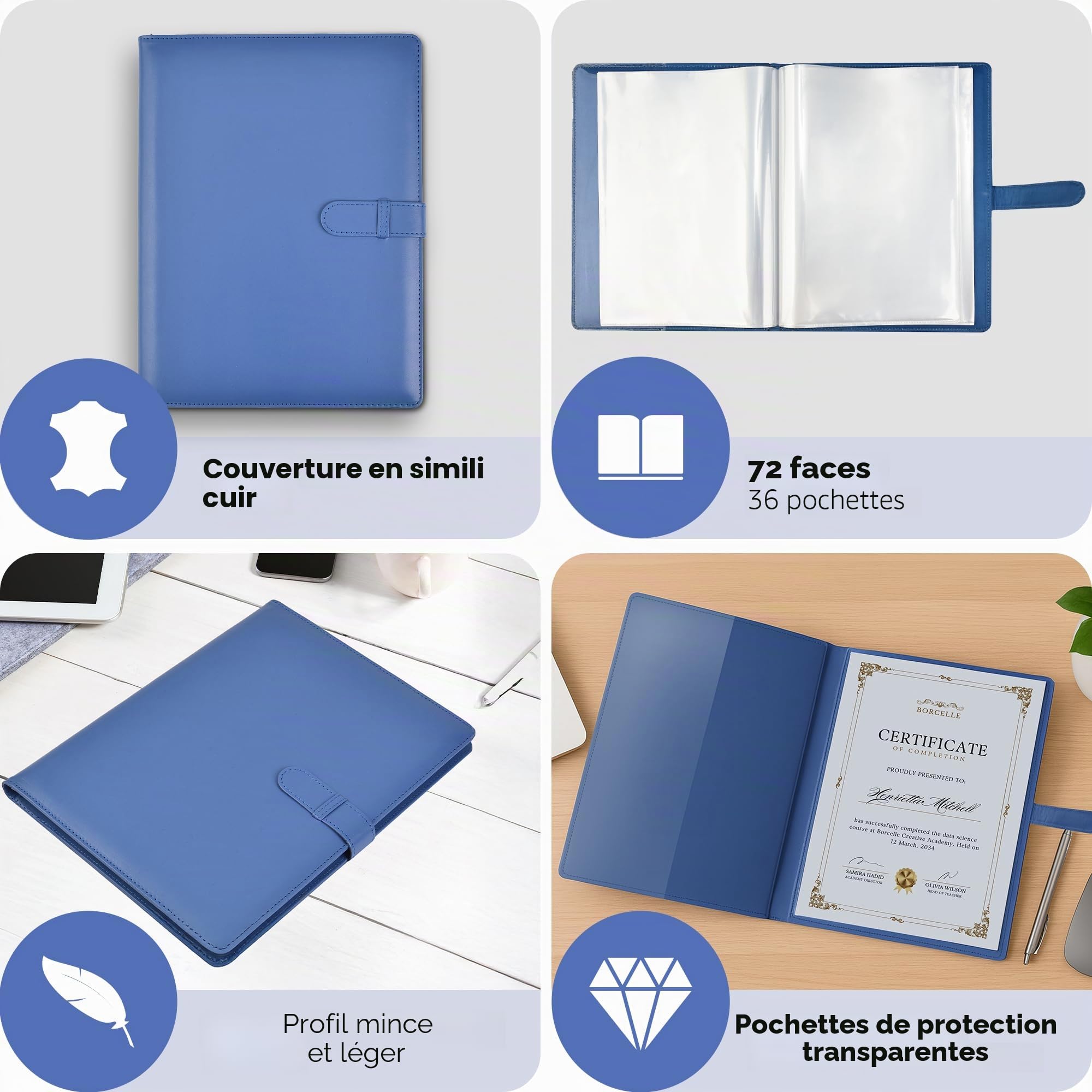 Arpan Porte-documents A4 – Lot de 1 porte-documents professionnel avec 36 pochettes sécurisées chacune, dossier A4 pour documents et présentations – Doux au toucher bleu