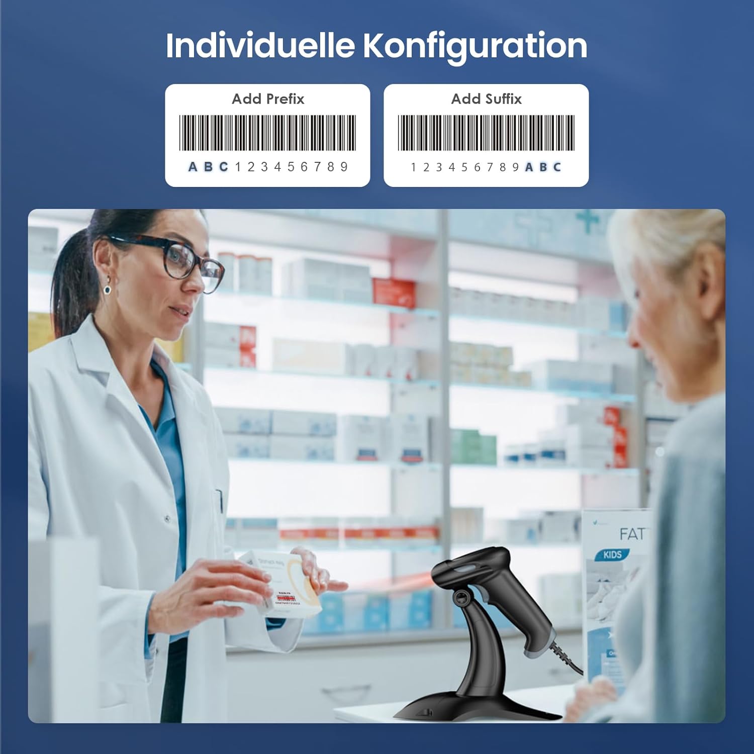 Barcode scanner in a retail setting, showing prefix and suffix configuration options