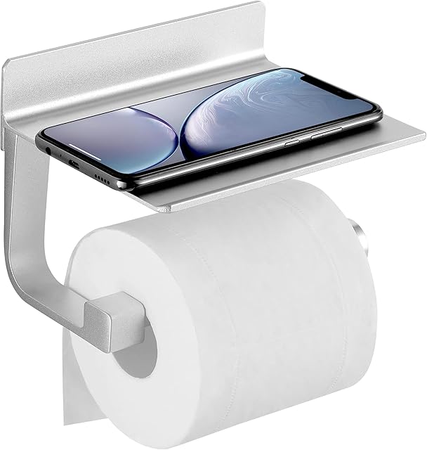 Toilet Paper Holder with Shelf, Wall Mounted Adhesive Holder for Bathroom, Tissue Roll Holder with Phone Storage Shelf, Brushed Stainless Steel Holder with Screws