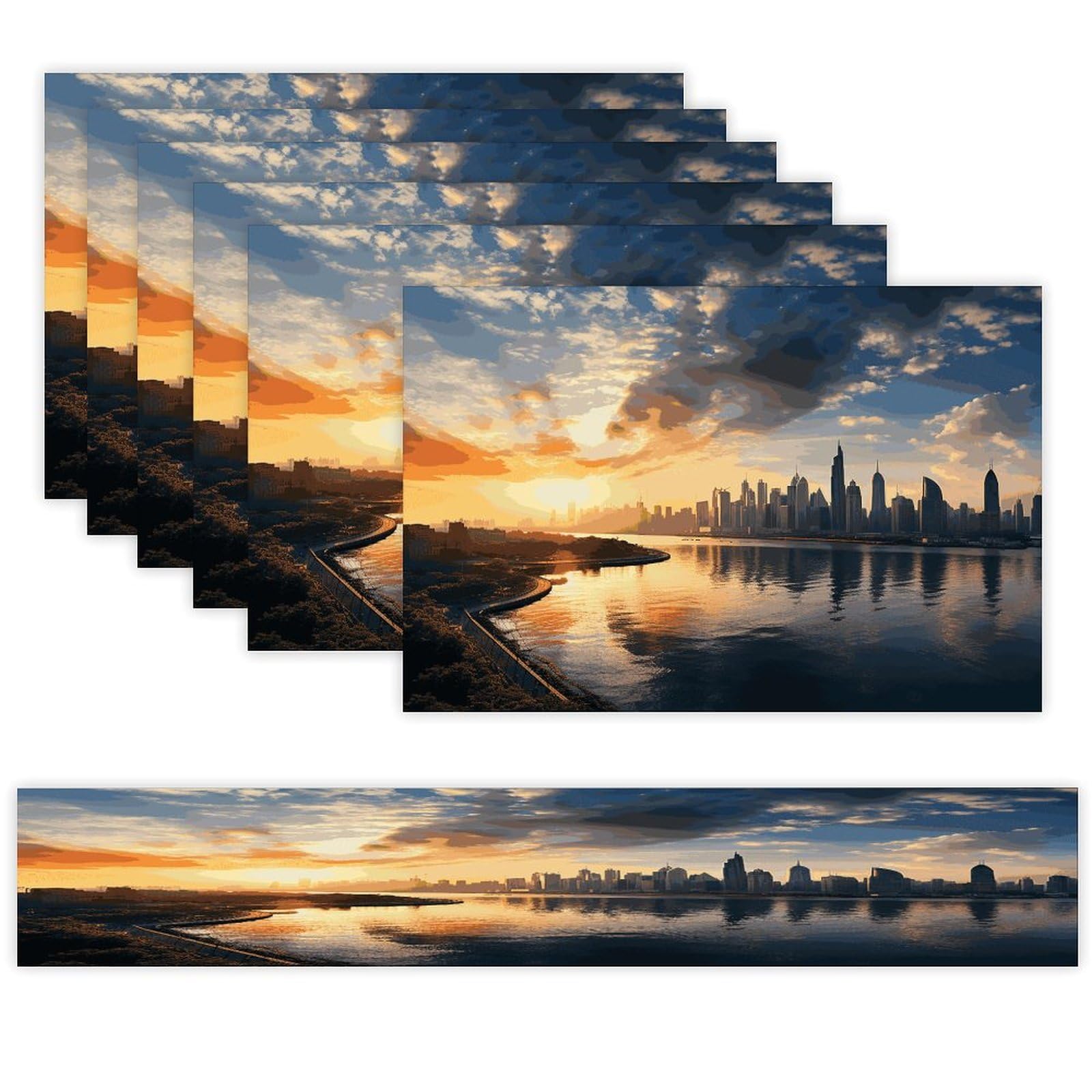 New York in The Sunset Table Runner and Placemats Set of 6 for Kitchen Washable Table Mats Heat Resistant Place Mats Non-Slip Place Mat Wipeable Placemat(6 Placemats+1 Table Runner)