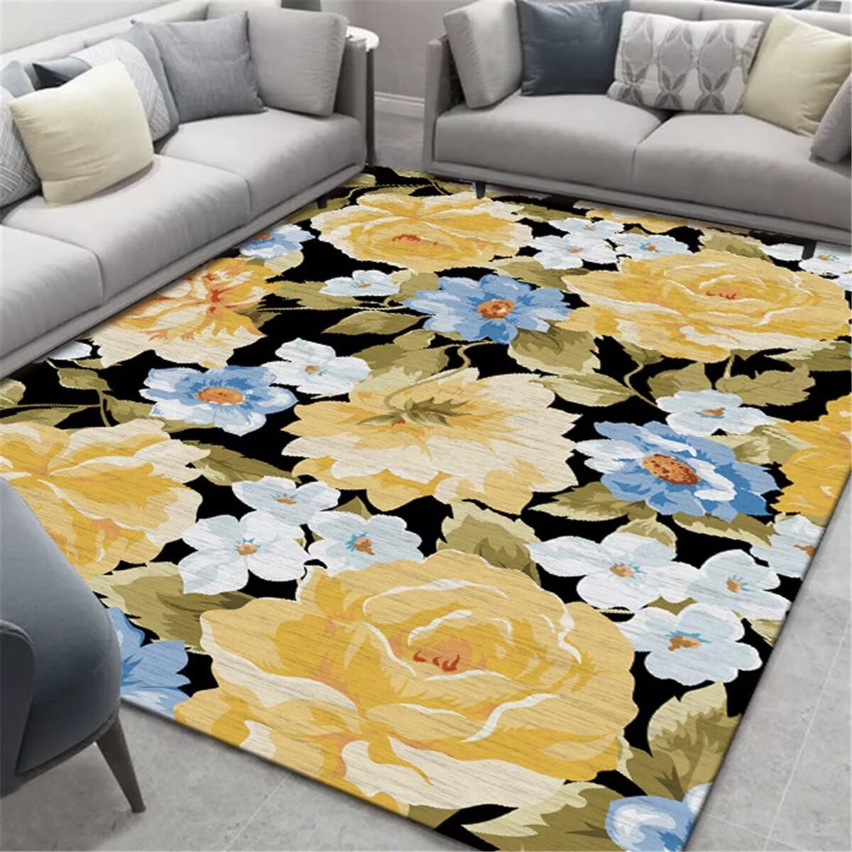 Tapis graphique 90x150cm jaune-bleu moderne et antidérapant pour chambre