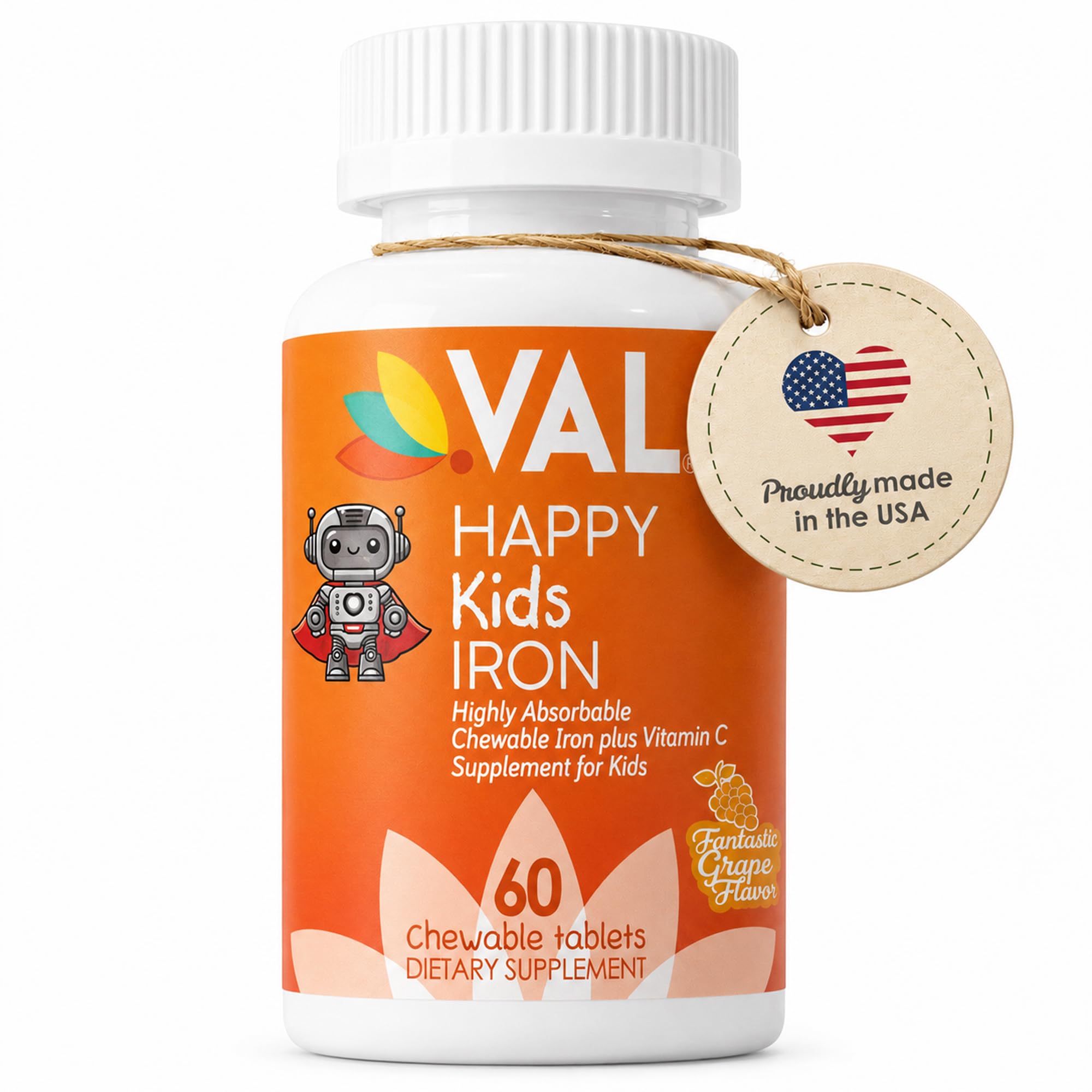 VAL Happy Kids Iron Supplements for Kids | Sugar Free | 60 Chewable Iron Tablets for Ages 4+ | High Absorption Iron Supplement | Grape Flavor