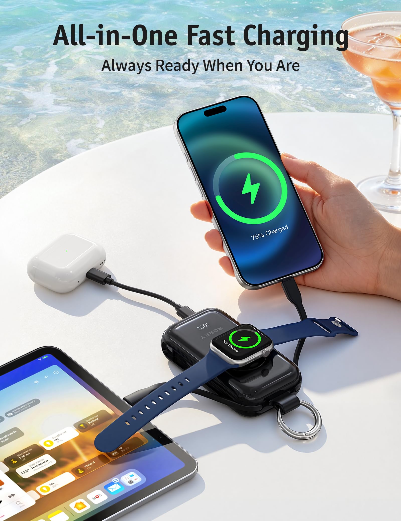 RORRY CharmGo Chargeur Portable 45 W à Charge Rapide, 10 000 mAh avec câbles intégrés, Batterie pour iPhone 17/16/15/14/13/12/11 Pro/Max et Apple Watch Ultra/11/10/9/SE, iPad, Noir