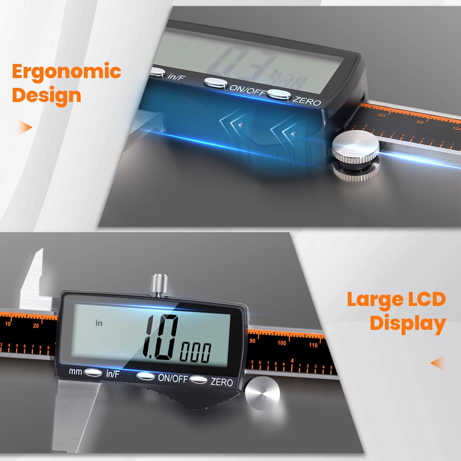 HARDELL Pied à coulisse numérique rechargeable de 0 à 8 pouces, outil de mesure avec grand écran LCD, pouces/mm/fraction, en acier inoxydable, arrêt automatique, pied à coulisse numérique micromètre