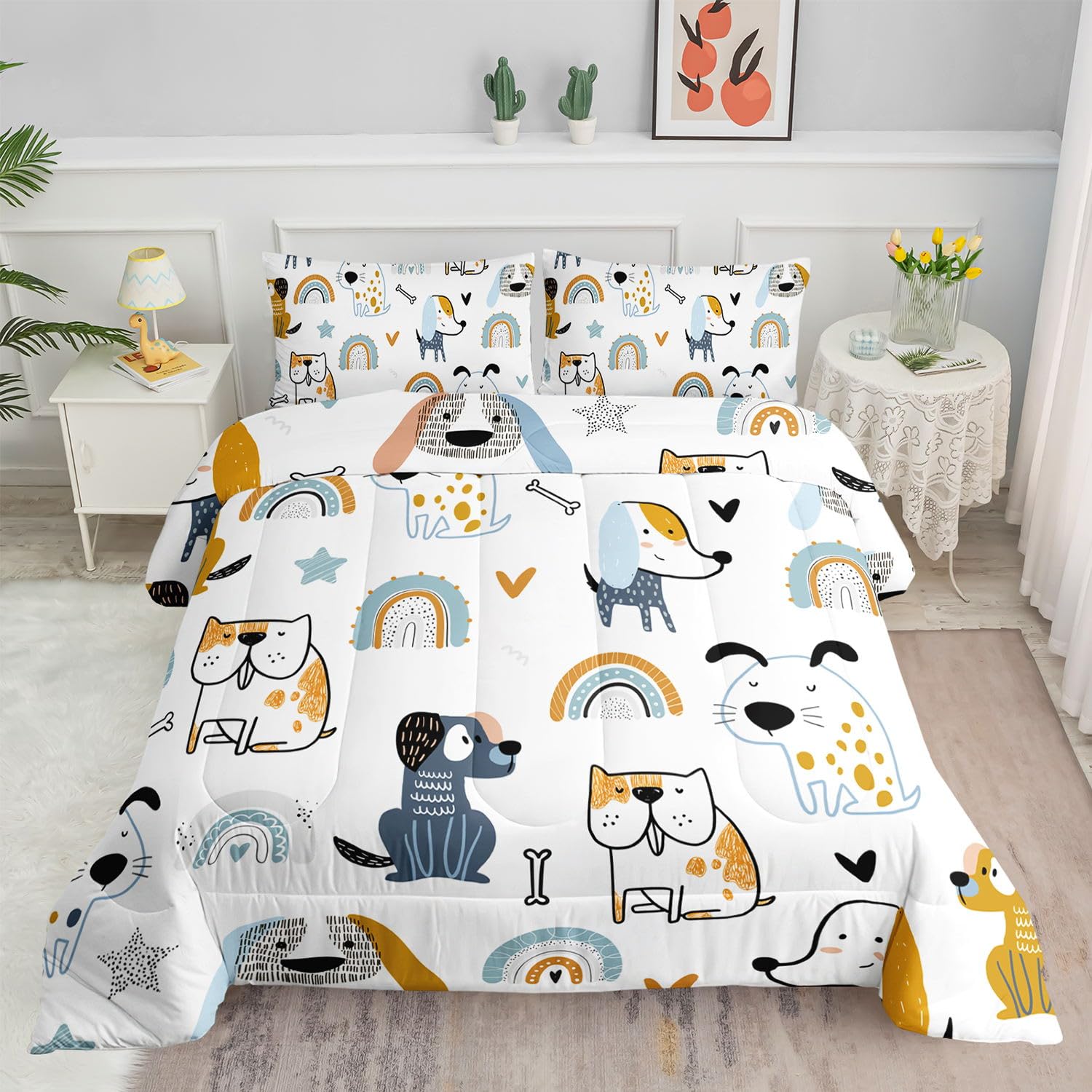 Smell Sunshine Cartoon Dog Comforter Set Rainbow Bones Printed Bedding Set with 1 Comforter and 2 Pillowcases for Boys and Girls Bedroom All Season(