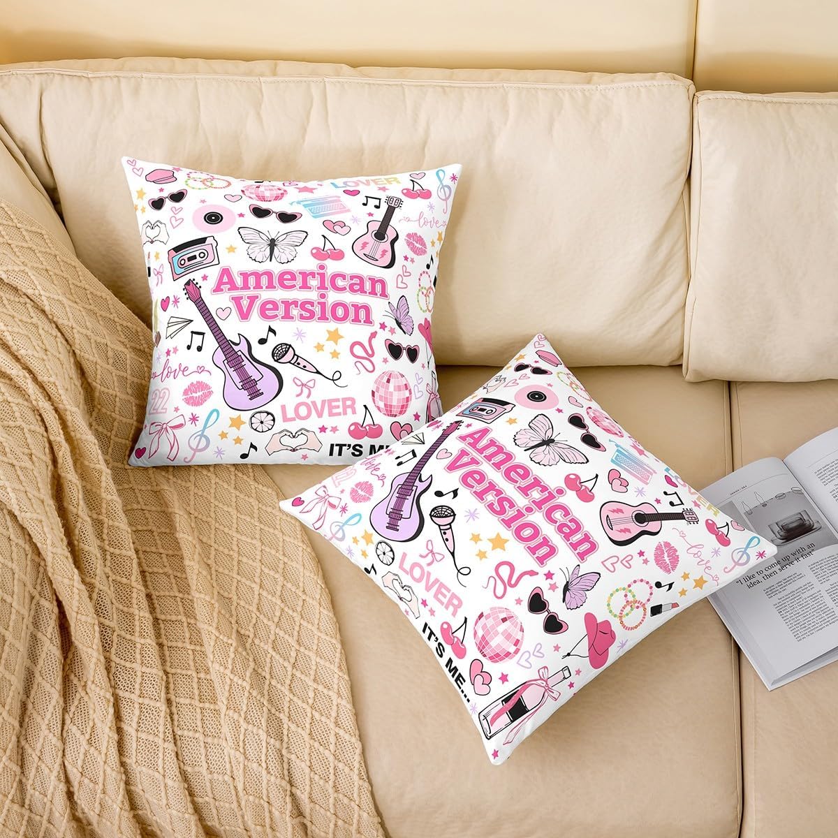American Style Pillow Cover 22x22 Inch Cartoon Guitar Microphone Musical Theme Pillow Case for Kids Girls Teens Pink Cherry Butterfly Bowknot Heart Girly Cushion Cover for Couch image 2