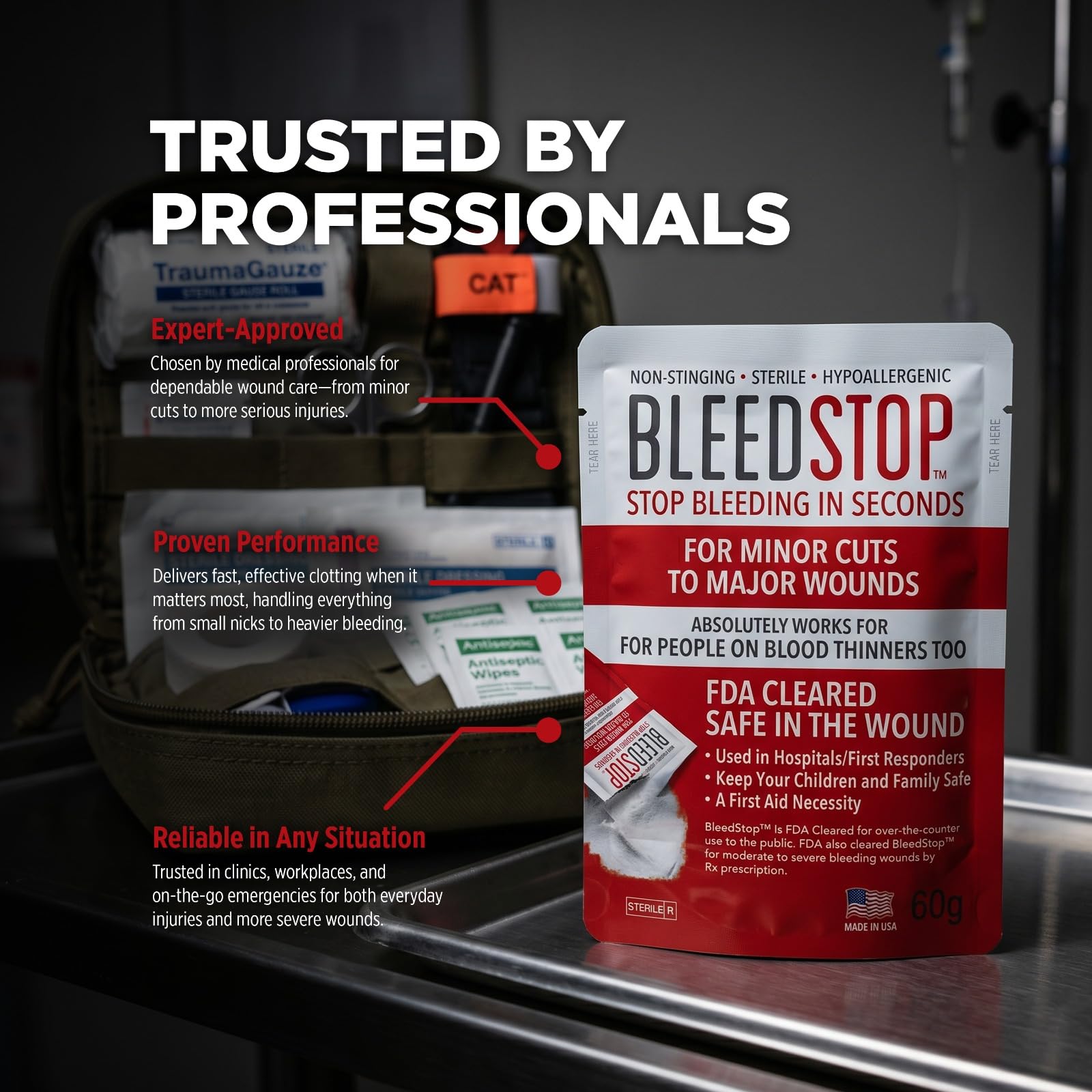 BleedStop™ Polvo de primeros auxilios para coagulación sanguínea, kit de trauma, pacientes con adelgazamiento de la sangre, equipo de seguridad y supervivencia para heridas hemorragias nasales