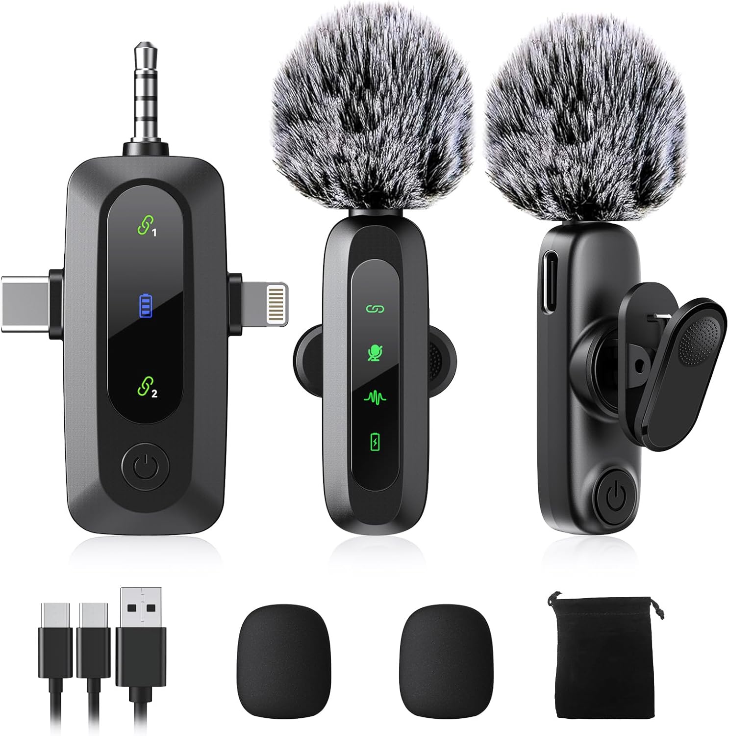 3 IN 1 Wireless Lavalier Microphones for iPhone/Android/Camera Devices(Lightning/USBC/3.5 mm Jack), 2 Pack Mini LED Display Lapel Mic with Mute/Reverb/Noise Reduction for TikTok/YouTube/Vlog Recording
