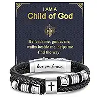 Men's Leather Cross Bracelet - Silver Double Row Braided Leather Cross Bracelet for Men with Inspirational Bible Verse Card, Faith Christian Religious Gift for Husband Son on Baptism Easter Birthday