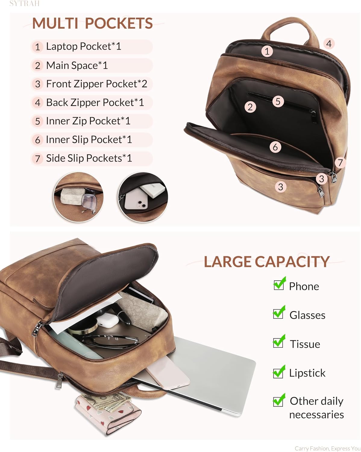 Leather Backpack for Women, Vintage 15.6 inch Laptop Backpack Purse for Women, College Casual Backpacks Ladies Computer Bags for Travel Business Work Camel - Image 5