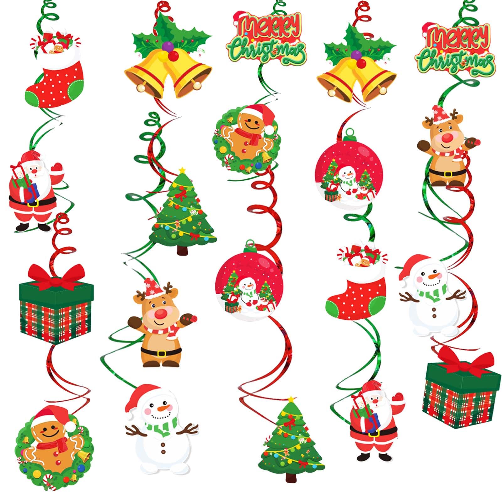 50PCS Christmas Hanging Swirl Decorations, Xmas Ceiling Swirls With Tree, Snowman, Elk, Santa Claus, Gift Socks, Bells