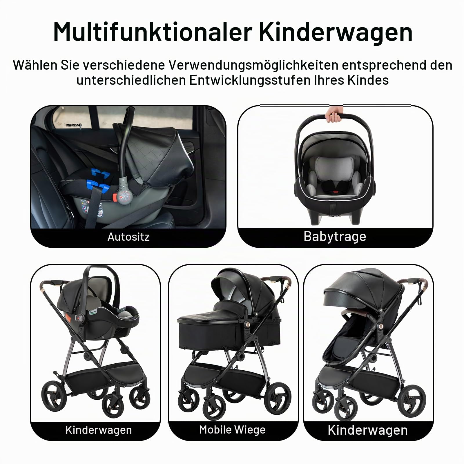 Leder 3-in-1 Kinderwagen, Kombi-Kinderwagen mit ECE R129 Babyschale, Buggy mit Einhand-Klappfunktion, Aluminium-Rahmen, Moskitonetz, Hochliegende Tragetasche für Neugeborene 0-4 Jahre